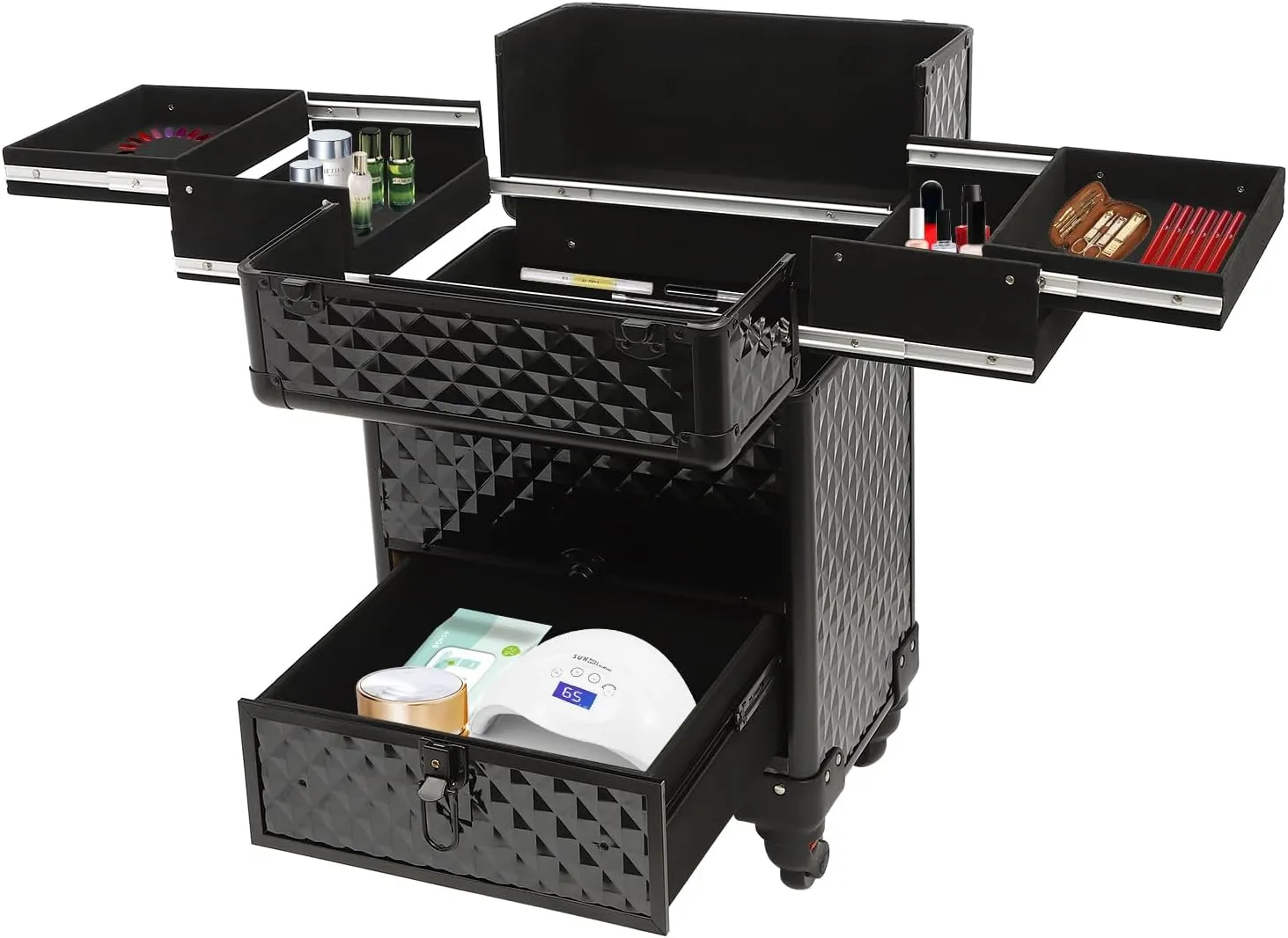 Rolling Nail Case Wheeled Manicure Storage Case Professional Makeup Trolley for Studio or Travelling Cosmetic Organizer for Nail Technician, Artists, Cosmetologist, Stylist Style1 Black