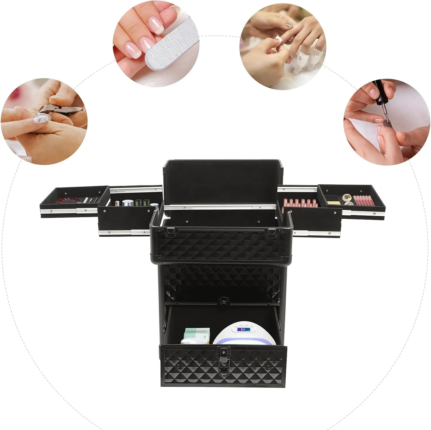 Rolling Nail Case Wheeled Manicure Storage Case Professional Makeup Trolley for Studio or Travelling Cosmetic Organizer for Nail Technician, Artists, Cosmetologist, Stylist Style1 Black