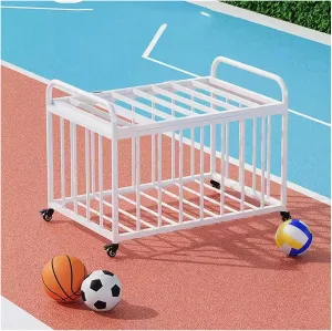 Rolling Outdoor Basketball Storage Rack Covered, Large Lockable Storage Ball Cart, Metal Vertical Sports Equipment Organizer Holder for Home Gym Garage(White,L(with Cover))