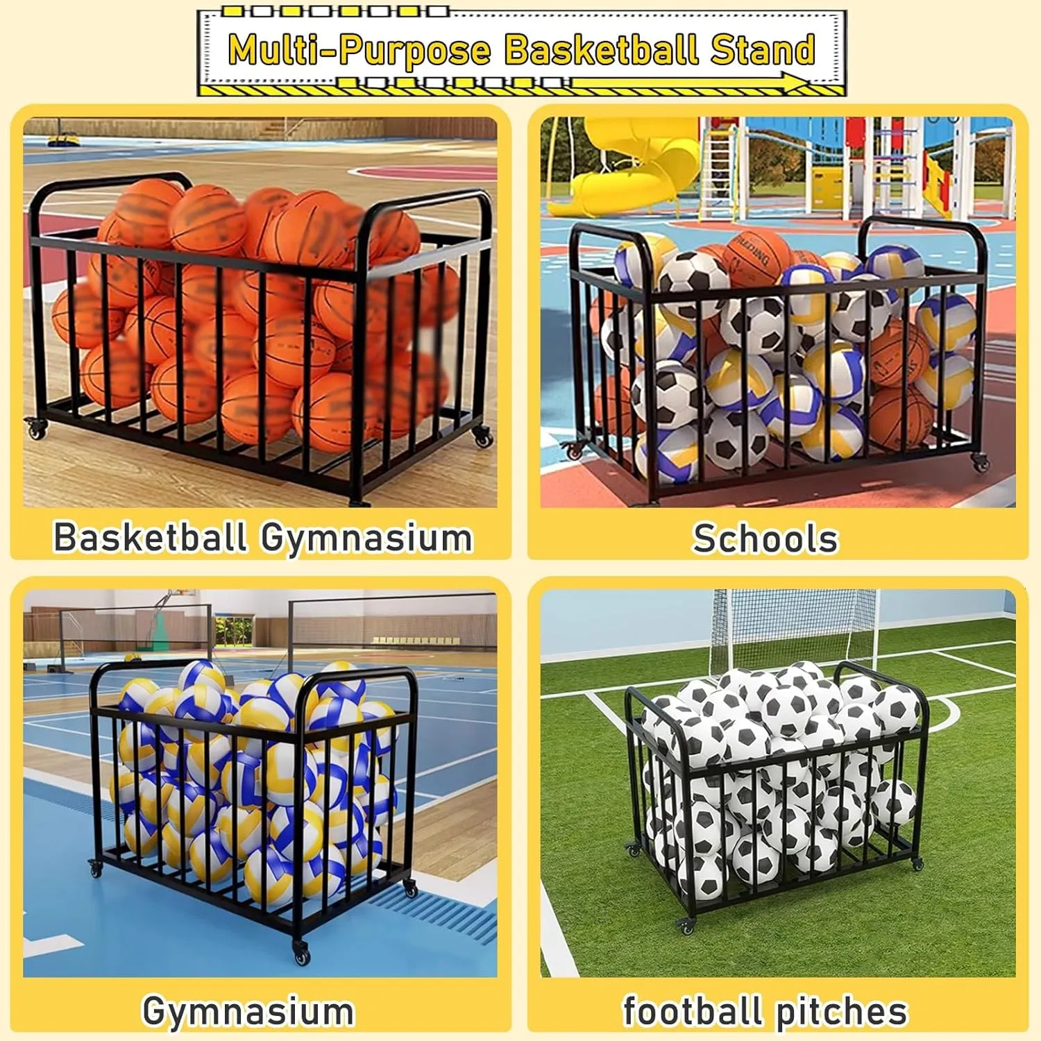 Rolling Outdoor Basketball Storage Rack Covered, Large Lockable Storage Ball Cart, Metal Vertical Sports Equipment Organizer Holder for Home Gym Garage(White,L(with Cover))