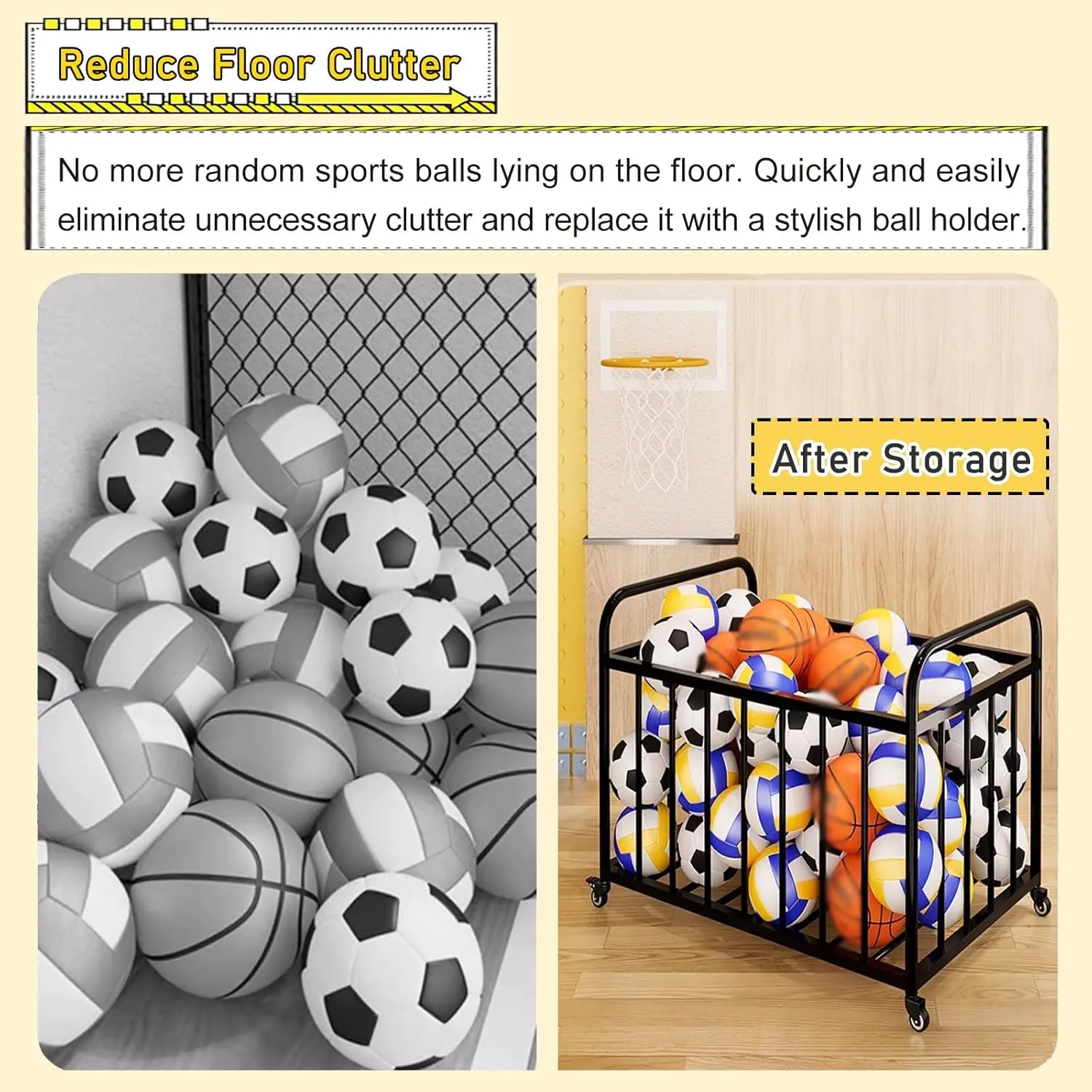 Rolling Outdoor Basketball Storage Rack Covered, Large Lockable Storage Ball Cart, Metal Vertical Sports Equipment Organizer Holder for Home Gym Garage(White,L(with Cover))