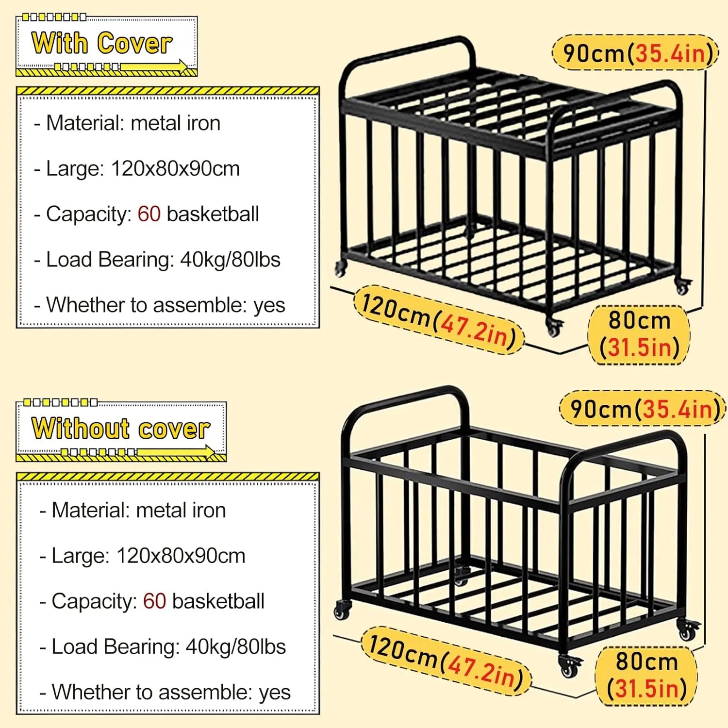 Rolling Outdoor Basketball Storage Rack Covered, Large Lockable Storage Ball Cart, Metal Vertical Sports Equipment Organizer Holder for Home Gym Garage(White,L(with Cover))