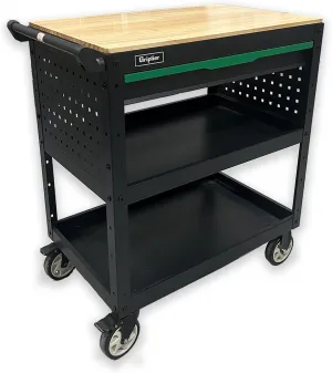 Rolling Tool Cart, 3-Tier Workshop Storage, Black Metal Frame with Wooden Top Workbench, Heavy-Duty Wheels,330LB Load Capacity Organizer Cabinet for Garage, Warehouse, Repair Shop