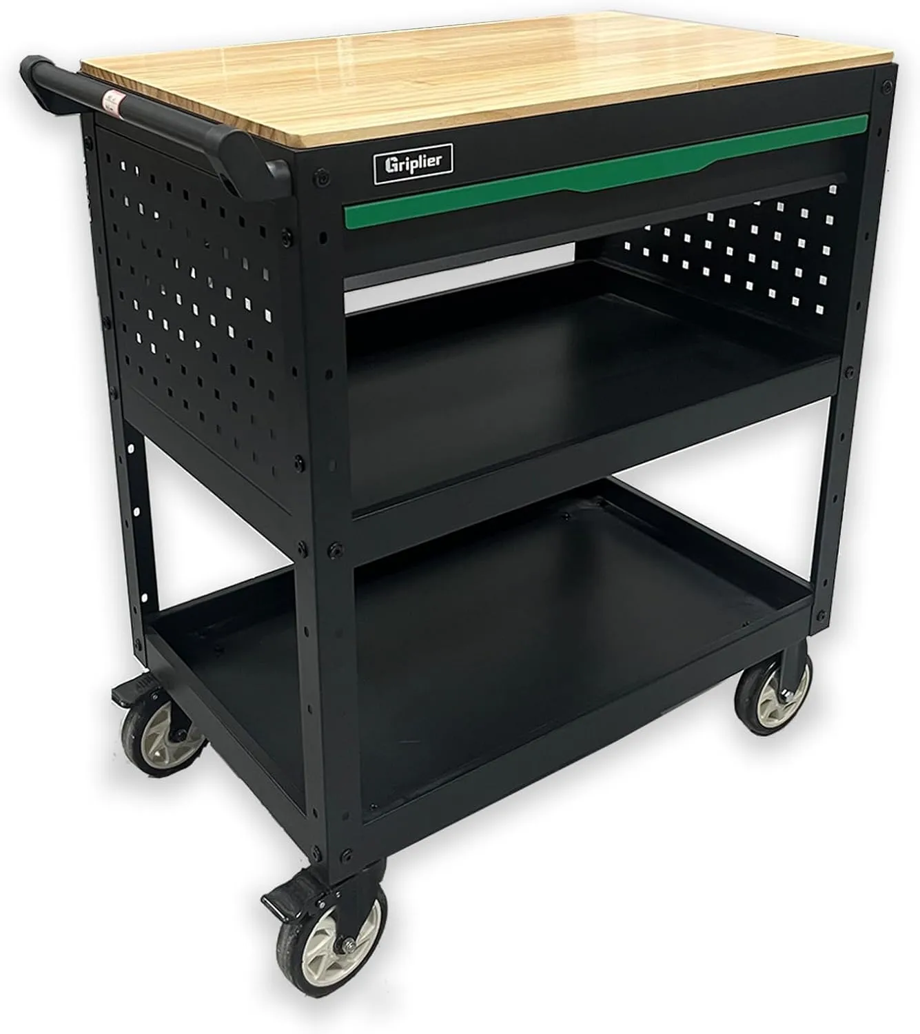 Rolling Tool Cart, 3-Tier Workshop Storage, Black Metal Frame with Wooden Top Workbench, Heavy-Duty Wheels,330LB Load Capacity Organizer Cabinet for Garage, Warehouse, Repair Shop