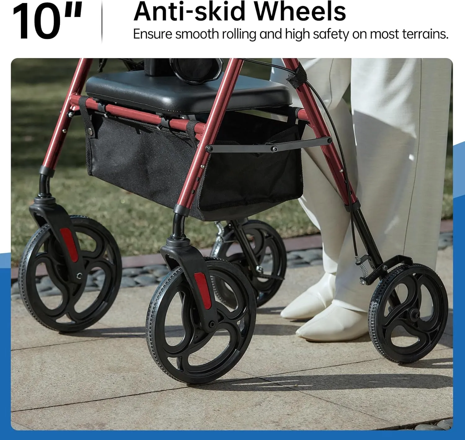 Rolling Walker with Padded Seat and Backrest, Wheeled Rollator with 10” Wheels for Adults and Seniors, Burgundy