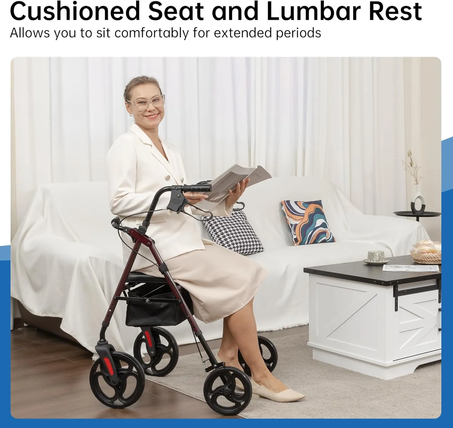 Rolling Walker with Padded Seat and Backrest, Wheeled Rollator with 10” Wheels for Adults and Seniors, Burgundy