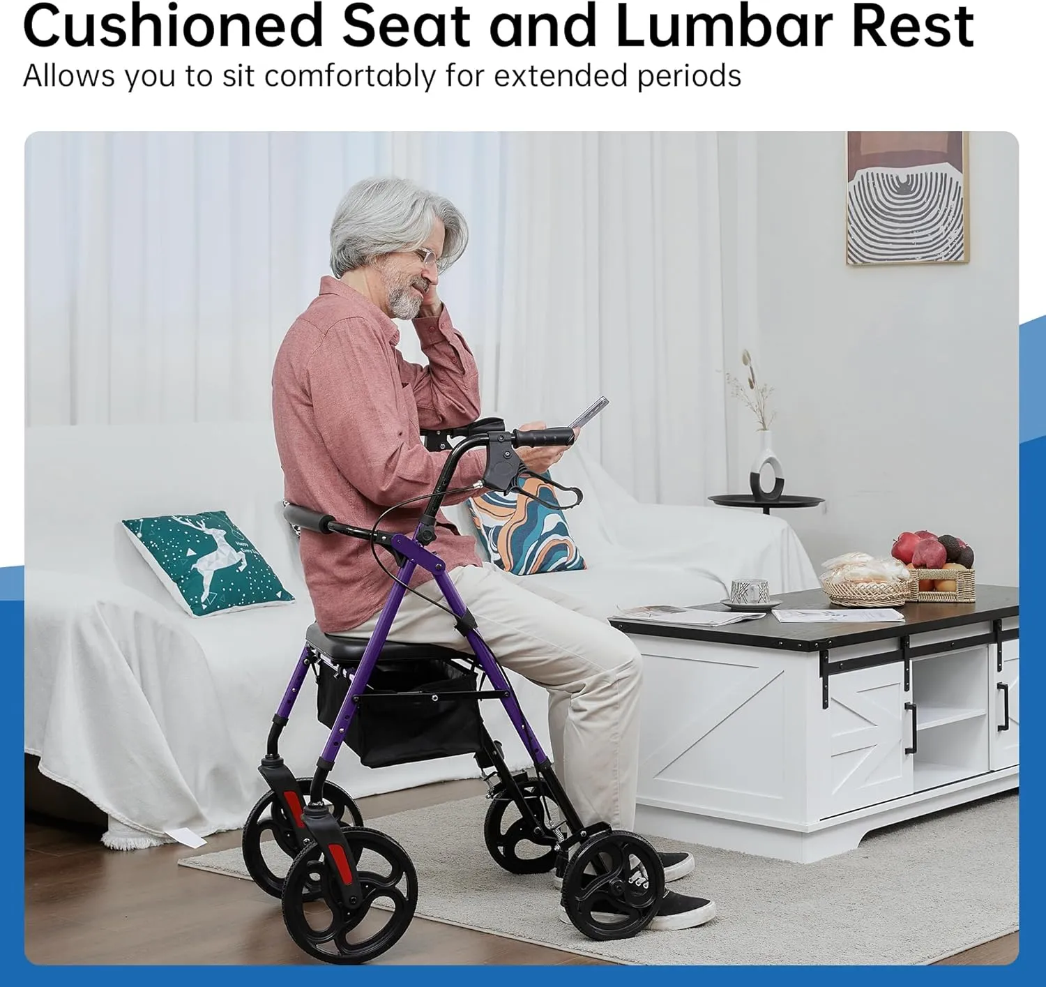 Rolling Walker with Padded Seat and Backrest, Wheeled Rollator with 10” Wheels for Adults and Seniors, Purple