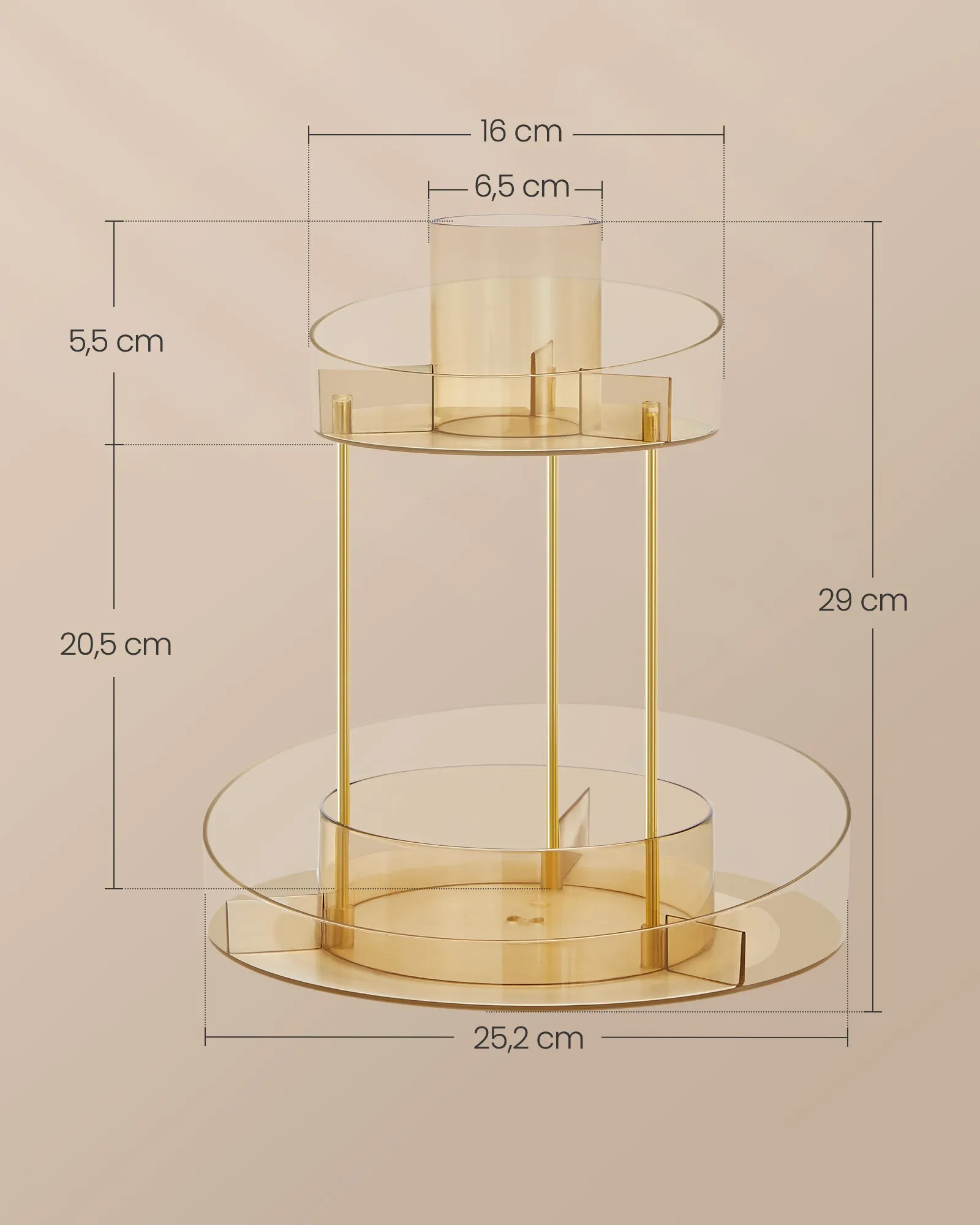 Rootz Champagne Gold Metal & PET Plastic Turntable Organizer - Rotating Tray - Storage Rack - 25.2cm x 25.2cm x 29cm - Lightweight - Multi-functional