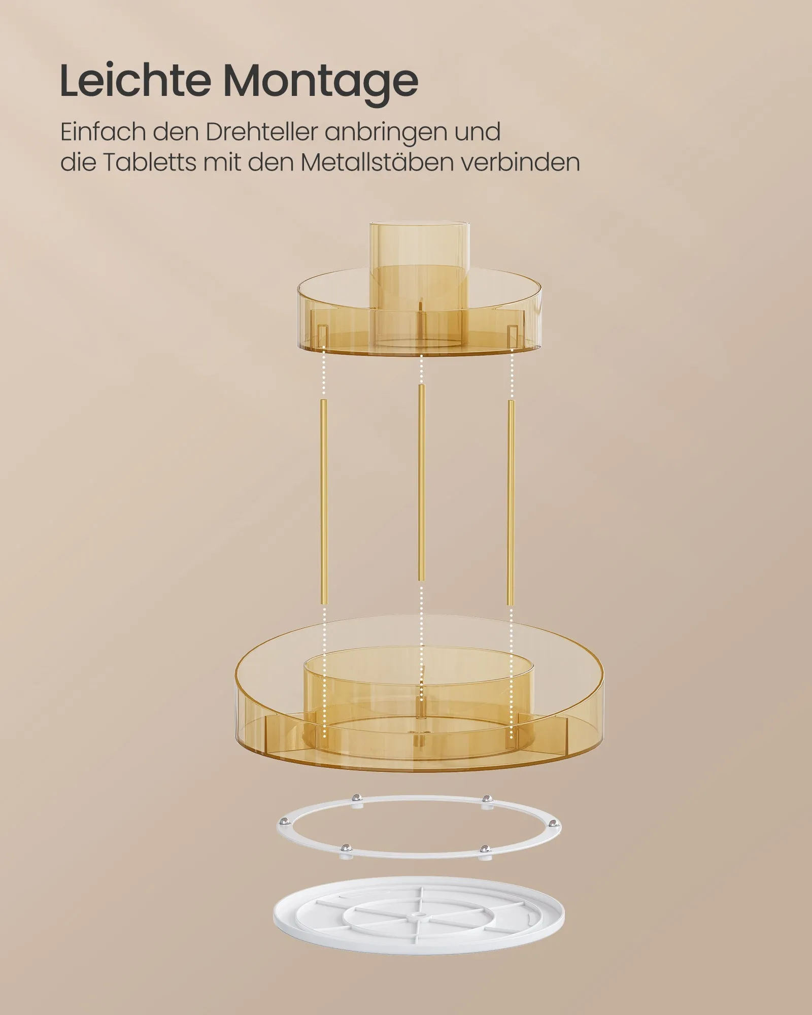 Rootz Champagne Gold Metal & PET Plastic Turntable Organizer - Rotating Tray - Storage Rack - 25.2cm x 25.2cm x 29cm - Lightweight - Multi-functional