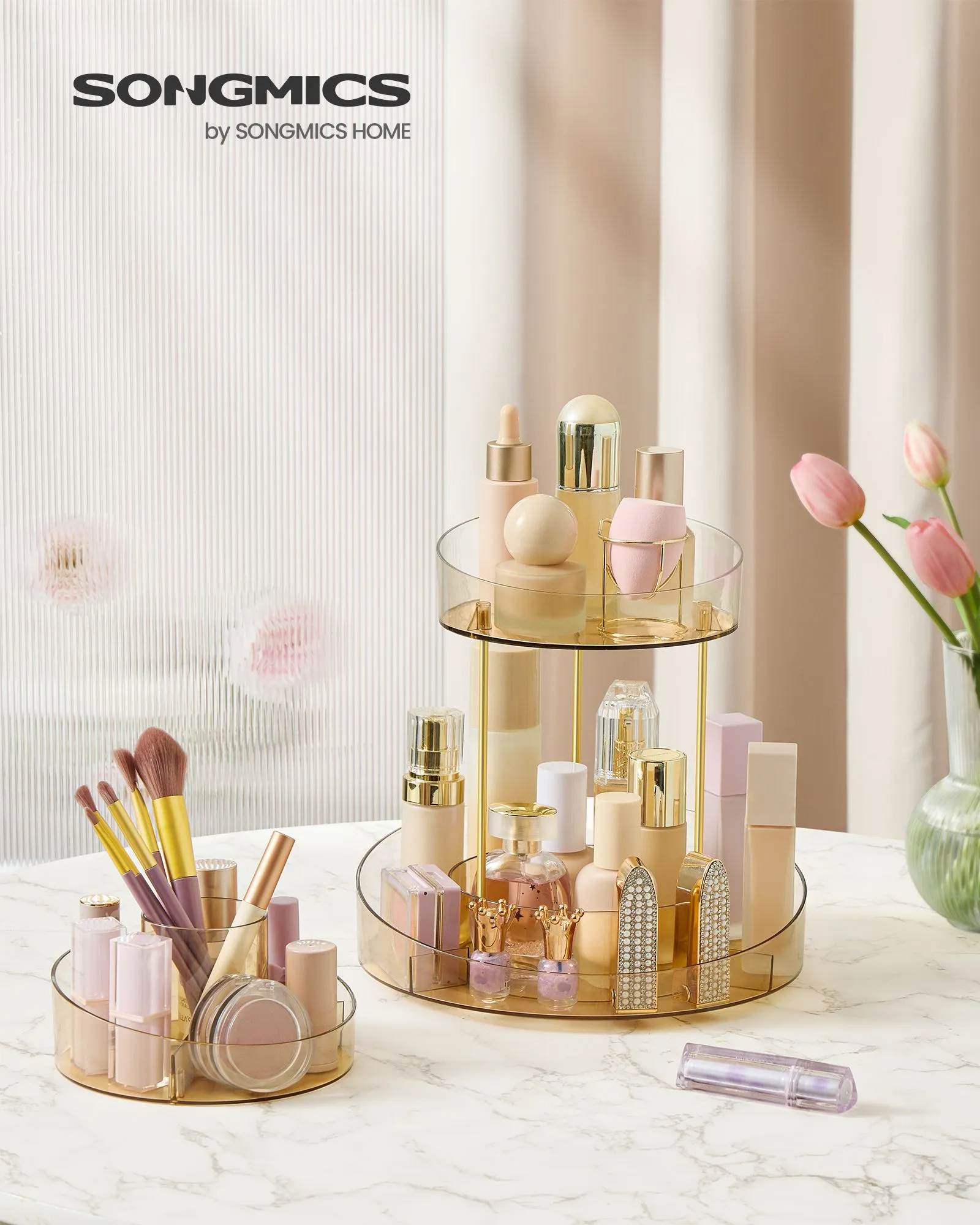 Rootz Champagne Gold Metal & PET Plastic Turntable Organizer - Rotating Tray - Storage Rack - 25.2cm x 25.2cm x 29cm - Lightweight - Multi-functional