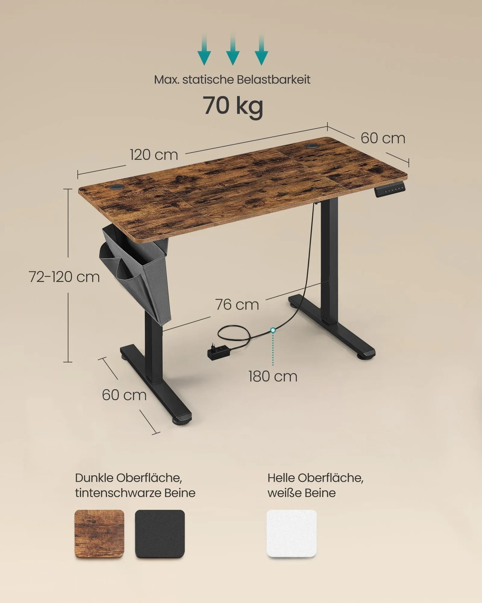 Rootz Electric Standing Desk - Adjustable Desk - Height Adjustable Desk - Particle Board Steel - 60cm x 120cm x 120cm - Vintage Brown-Ink Black