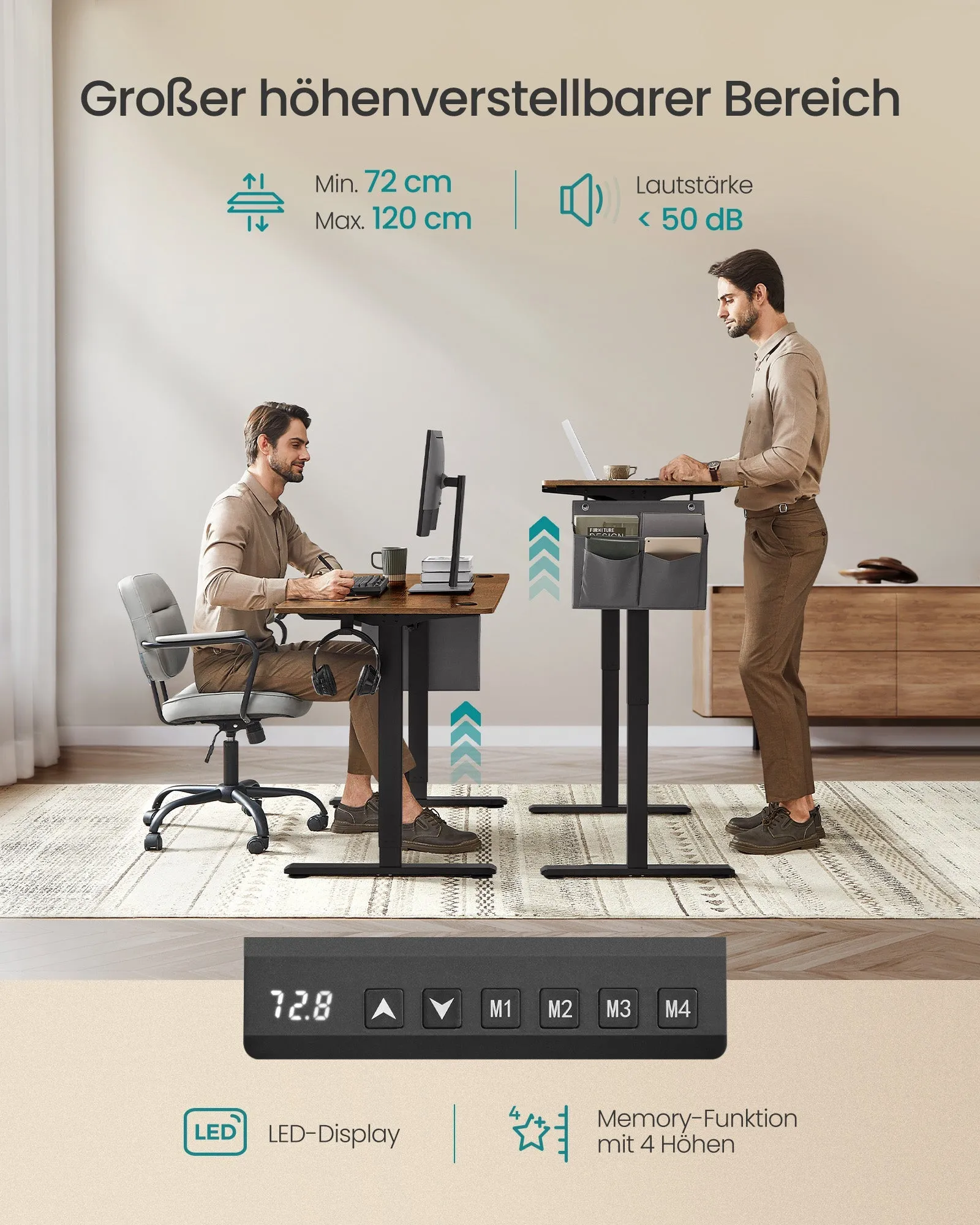 Rootz Electric Standing Desk - Adjustable Desk - Height Adjustable Desk - Particle Board Steel - 60cm x 120cm x 120cm - Vintage Brown-Ink Black