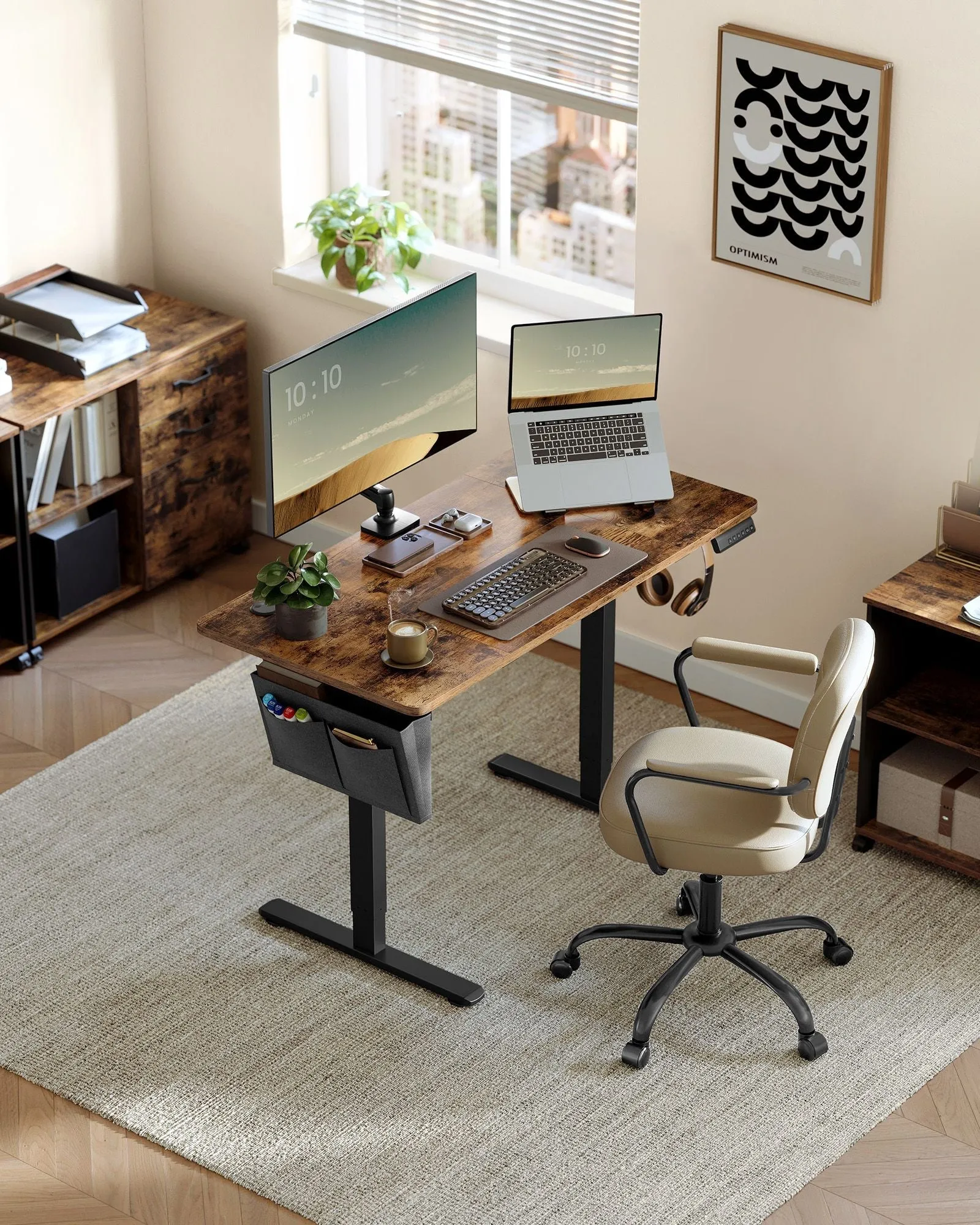 Rootz Electric Standing Desk - Adjustable Desk - Height Adjustable Desk - Particle Board Steel - 60cm x 120cm x 120cm - Vintage Brown-Ink Black