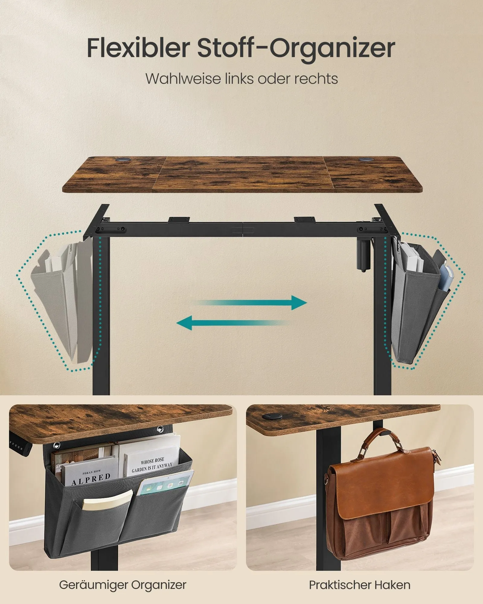 Rootz Electric Standing Desk - Adjustable Desk - Height Adjustable Desk - Particle Board Steel - 60cm x 120cm x 120cm - Vintage Brown-Ink Black