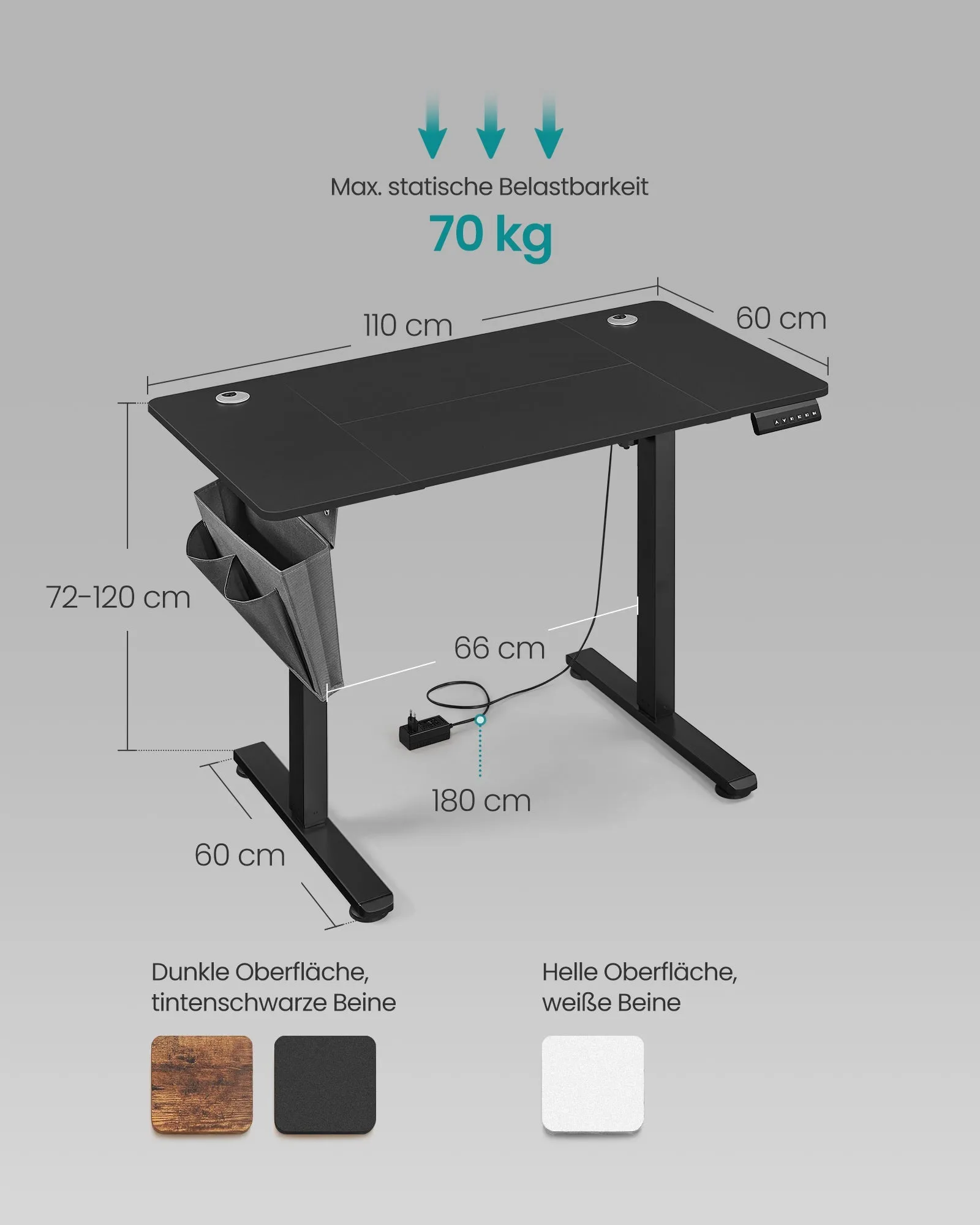 Rootz Electric Standing Desk - Sit Stand Desk - Adjustable Desk - Steel Frame - 60cm x 110cm x (72-120cm) - Ink Black - 20.7kg