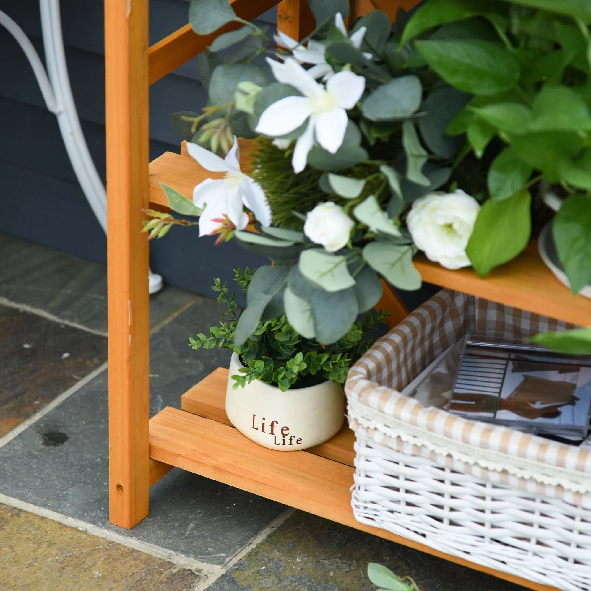 Rootz Foldable Plant Shelf - Flower Staircase - Wood Display Stand - Adjustable Shelves, Pre-Oiled Fir - 67cm x 33cm x 123cm