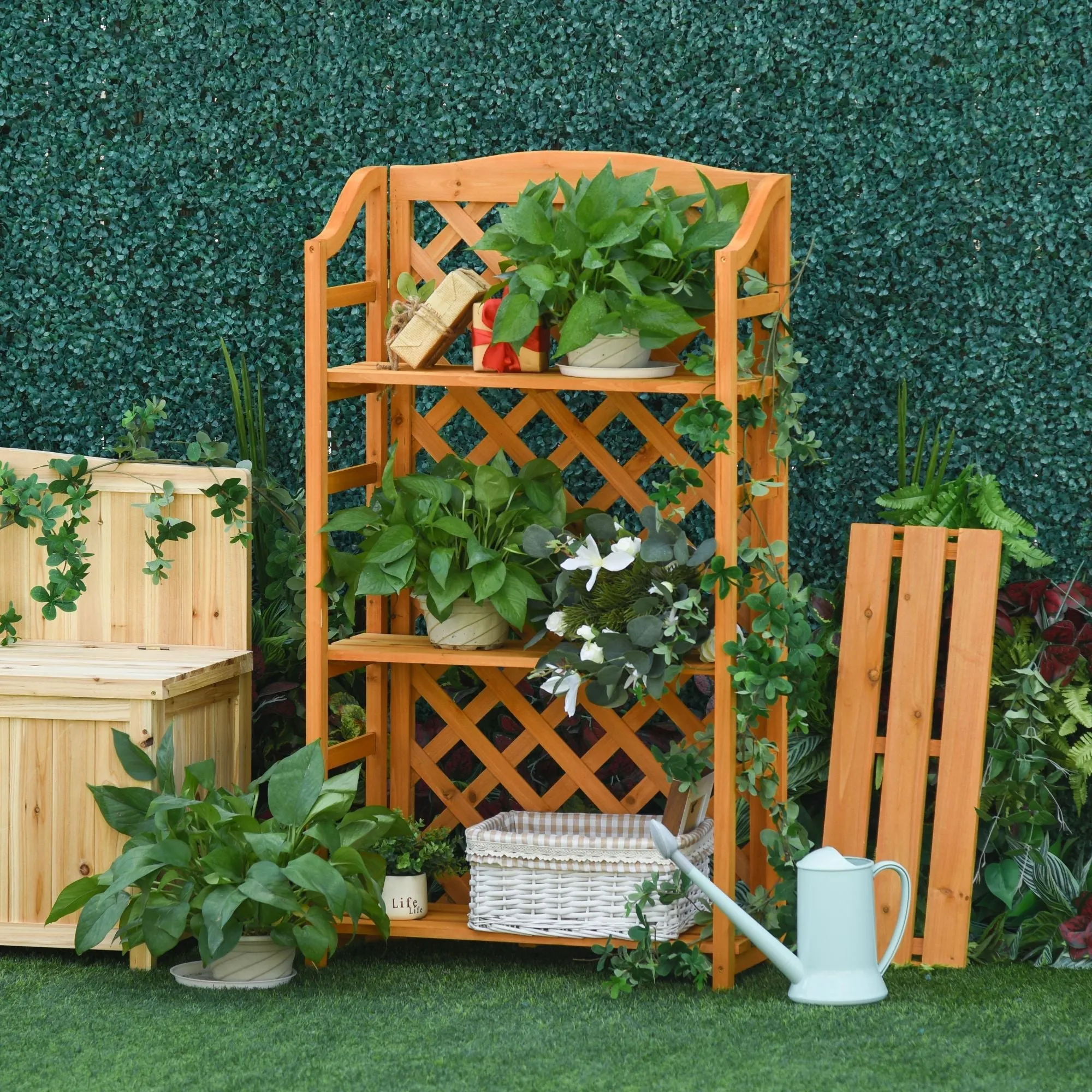 Rootz Foldable Plant Shelf - Flower Staircase - Wood Display Stand - Adjustable Shelves, Pre-Oiled Fir - 67cm x 33cm x 123cm