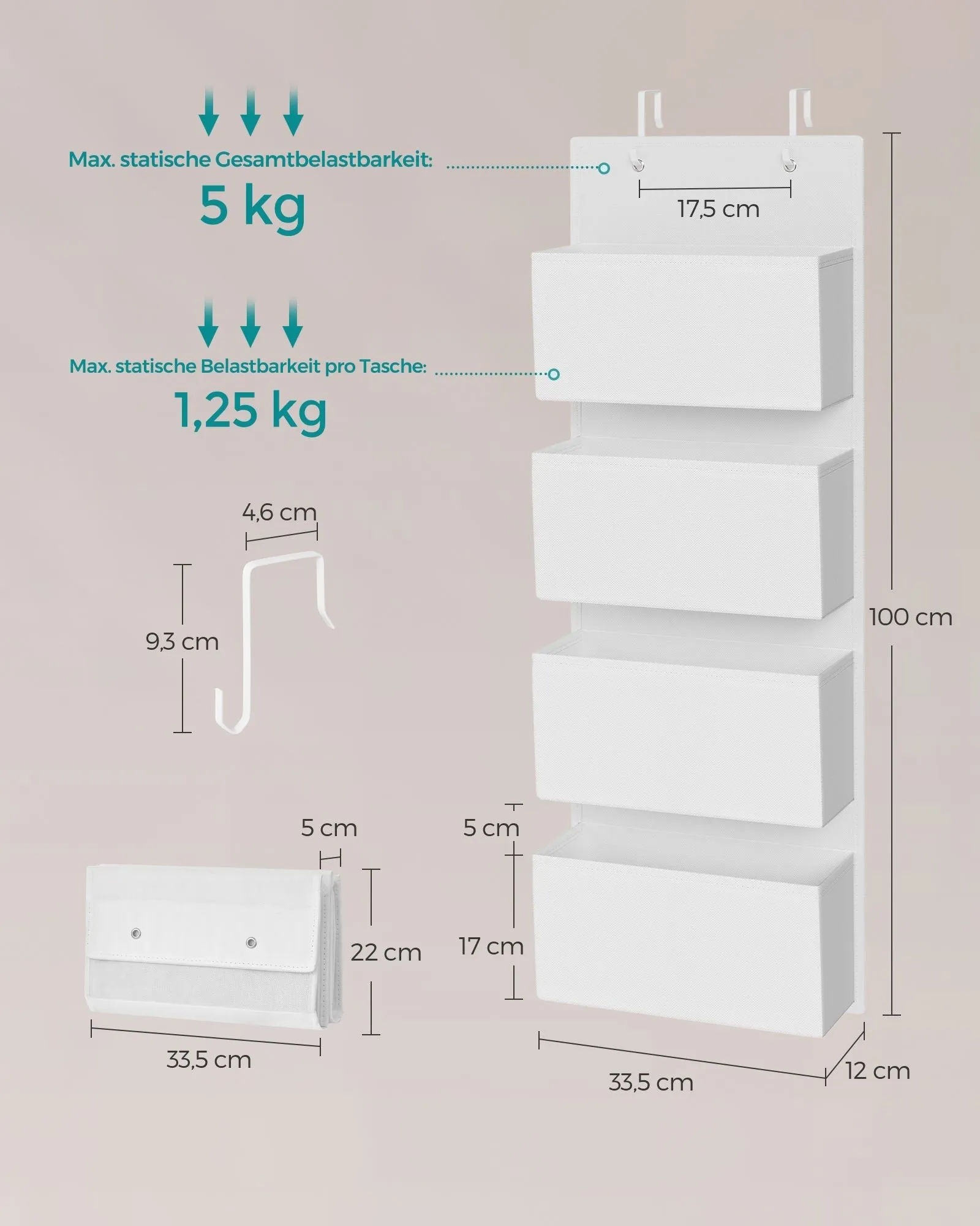 Rootz Hanging Organizer - Closet Organizer - Storage Solution - Non-Woven Fabric - 12cm x 33.5cm x 100cm - Cloud White