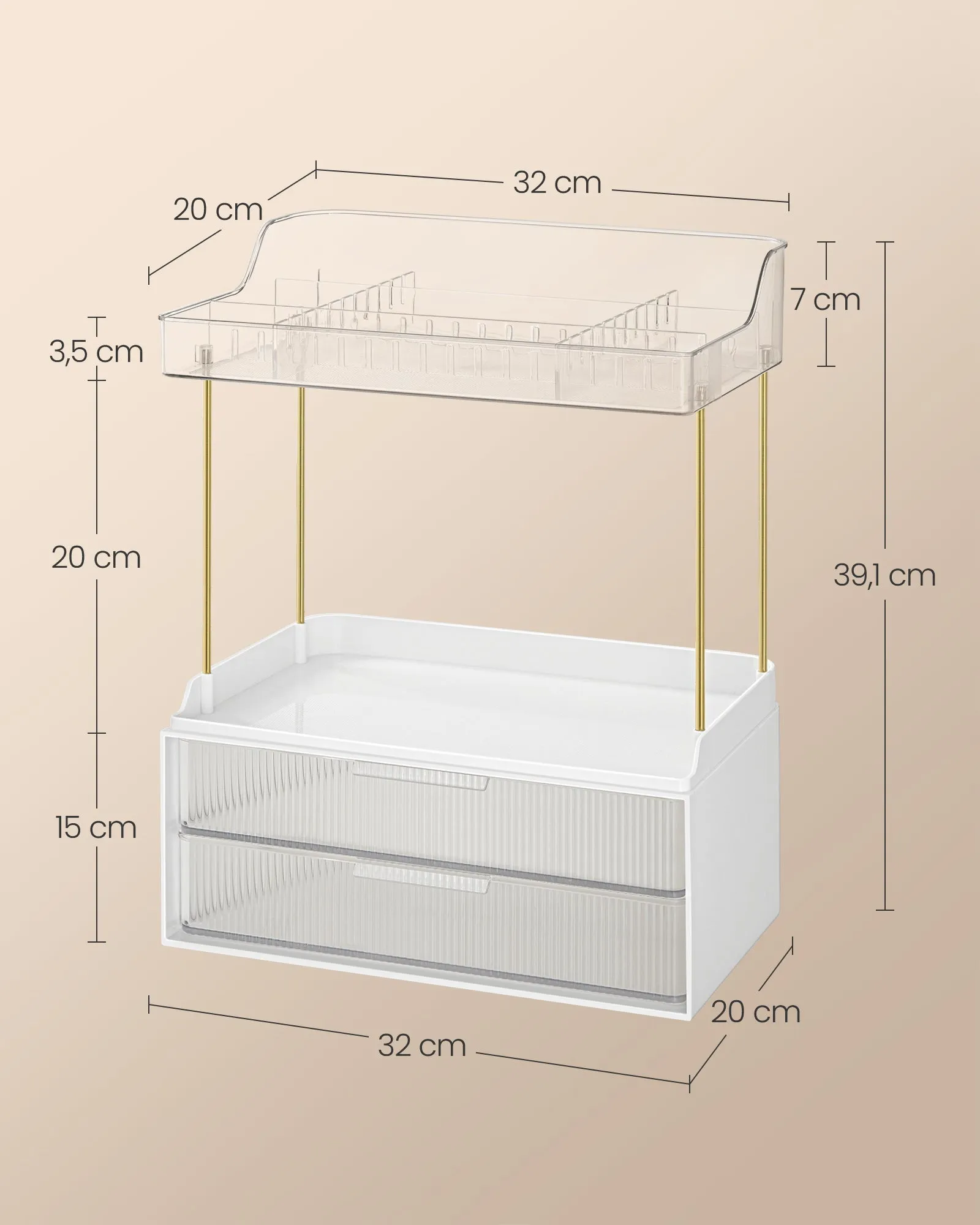 Rootz Makeup Organizer - Cosmetic Storage - 4 Tier Drawer - PET Plastic - Steel - 20cm x 32cm x 39.1cm, Transparent