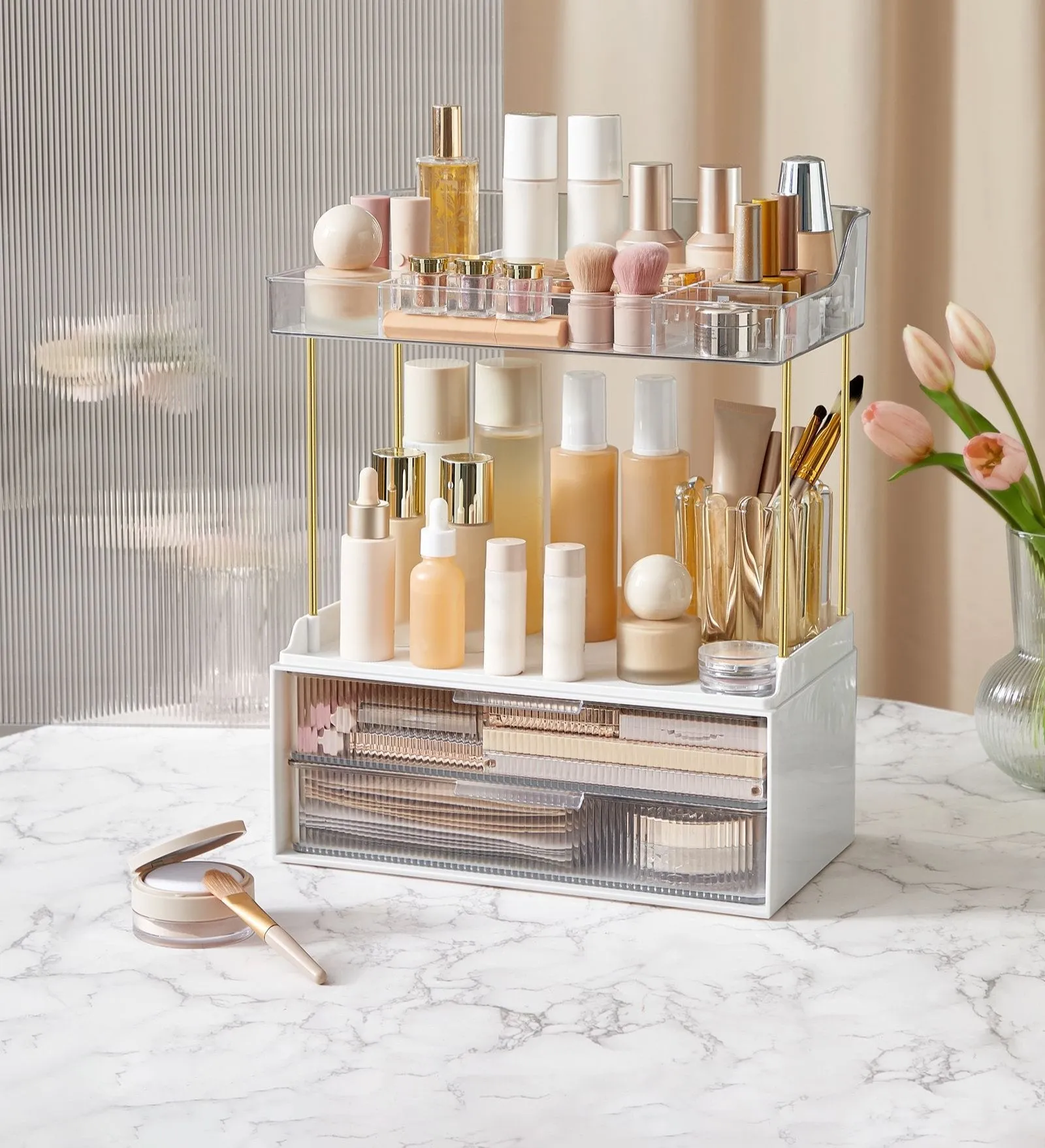 Rootz Makeup Organizer - Cosmetic Storage - 4 Tier Drawer - PET Plastic - Steel - 20cm x 32cm x 39.1cm, Transparent