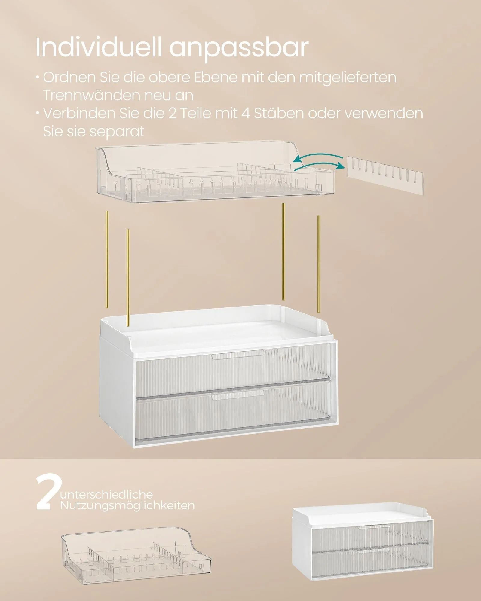 Rootz Makeup Organizer - Cosmetic Storage - 4 Tier Drawer - PET Plastic - Steel - 20cm x 32cm x 39.1cm, Transparent