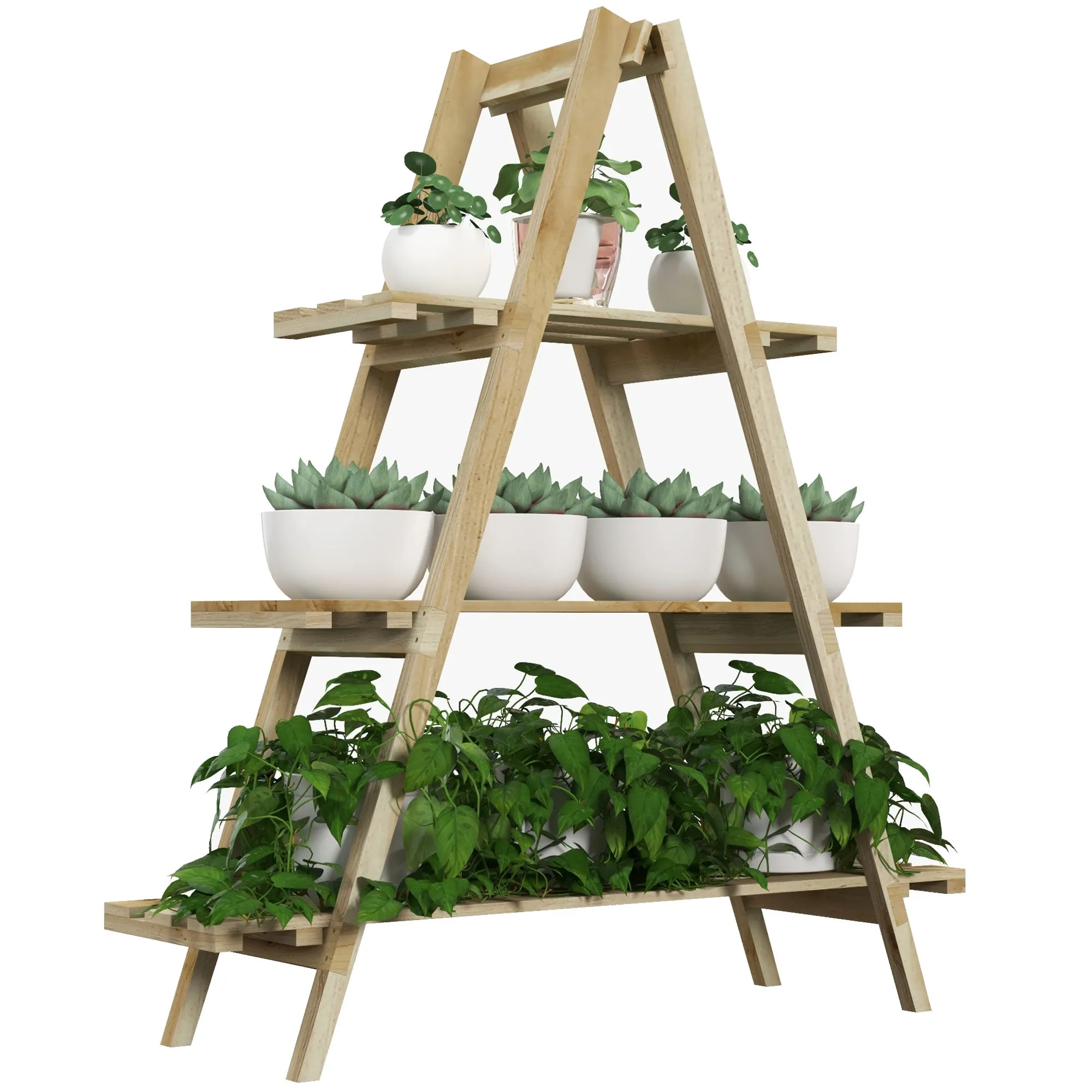 Rootz Pyramid Shaped Folding Wooden Flower Rack - Plant Stand - Plant Shelf - Space-Saving Design - 100L x 36W x 112H cm