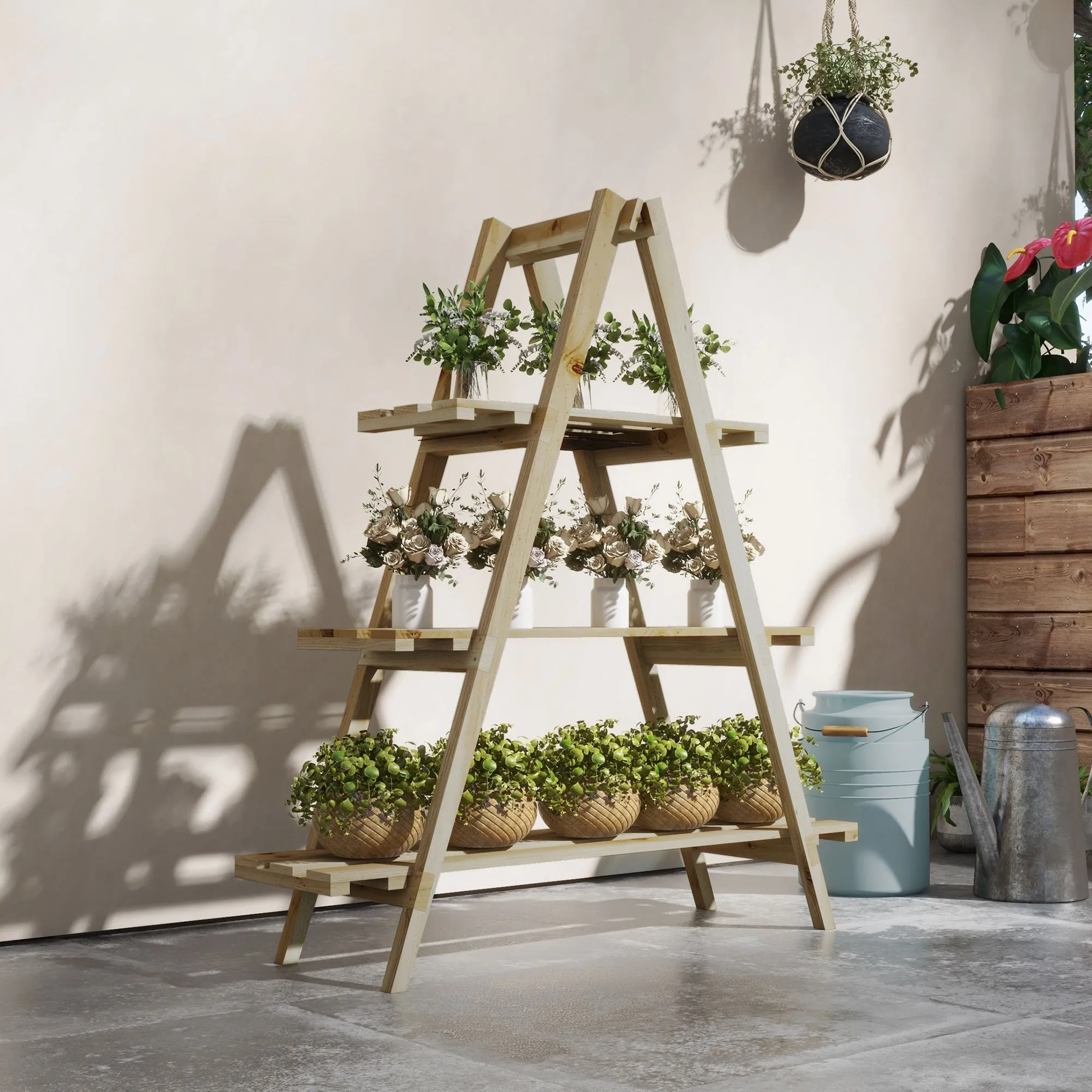 Rootz Pyramid Shaped Folding Wooden Flower Rack - Plant Stand - Plant Shelf - Space-Saving Design - 100L x 36W x 112H cm