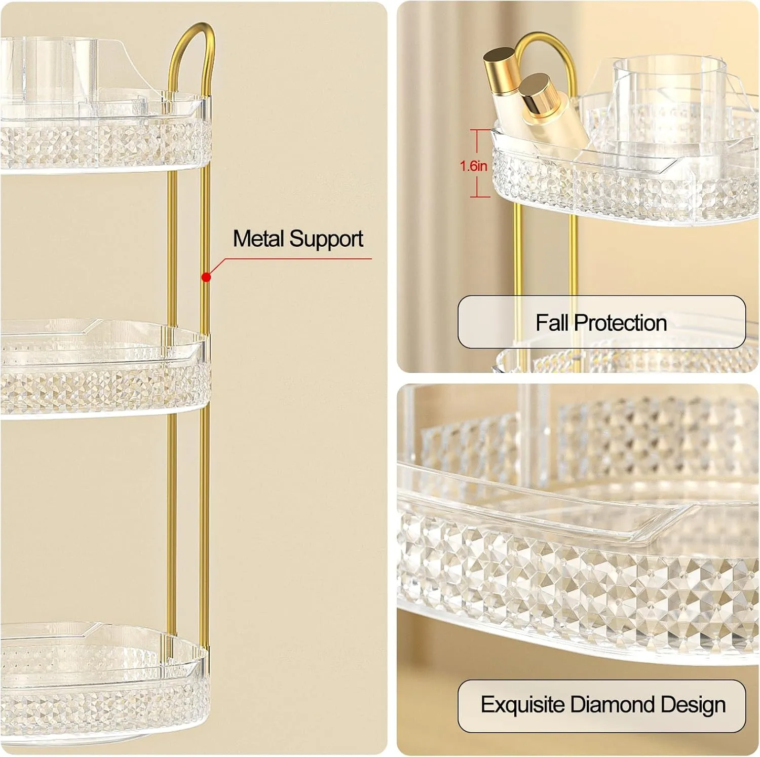 Rotating Makeup Organizer for Vanity 3 Tier, Perfume Organizer with Makeup Brush Holder, Large Capacity Cosmetics Clear Skincare Organizer for Countertop (Transparent)
