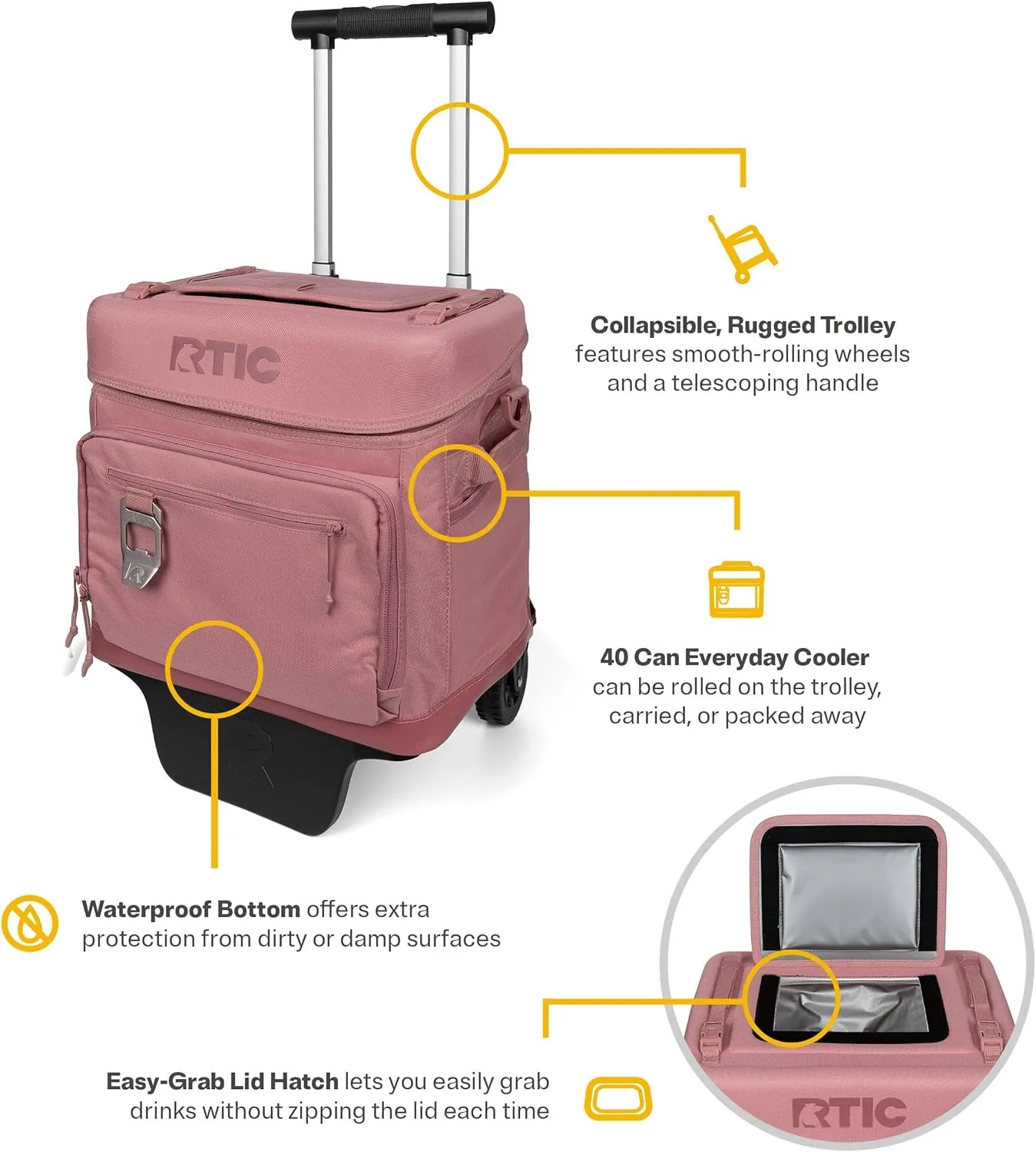 RTIC 40 Can Everyday Wheeled Cooler, Soft Sided Insulated Portable Rolling Collapsible Cooler Bag with Wheels and Handle for Outdoor, Beach, Camping, Sports, Travel, Leakproof