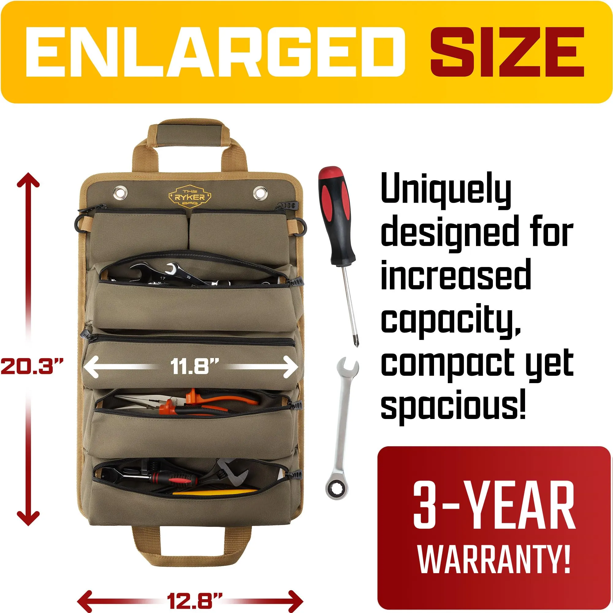 Ryker Bag Tool Organizers - Small Tool Bag W/Detachable Pouches, Heavy Duty Roll Up Tool Bag Organizer - 6 Tool Pouches