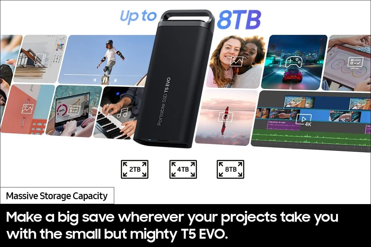 Samsung T5 EVO Portable SSD 8TB, USB 3.2 Gen 1 External Solid State Drive, Seq. Read Speeds Up to 460MB/s for Gaming and Content Creation, MU-PH8T0S/AM, Black