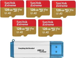SanDisk 128GB Micro SDXC Extreme Memory Card (Five Pack) Works with GoPro Hero 7 Black, Silver, Hero7 White UHS-1 U3 A2 Bundle with (1) Everything But Stromboli 3.0 TF/SD Card Reader