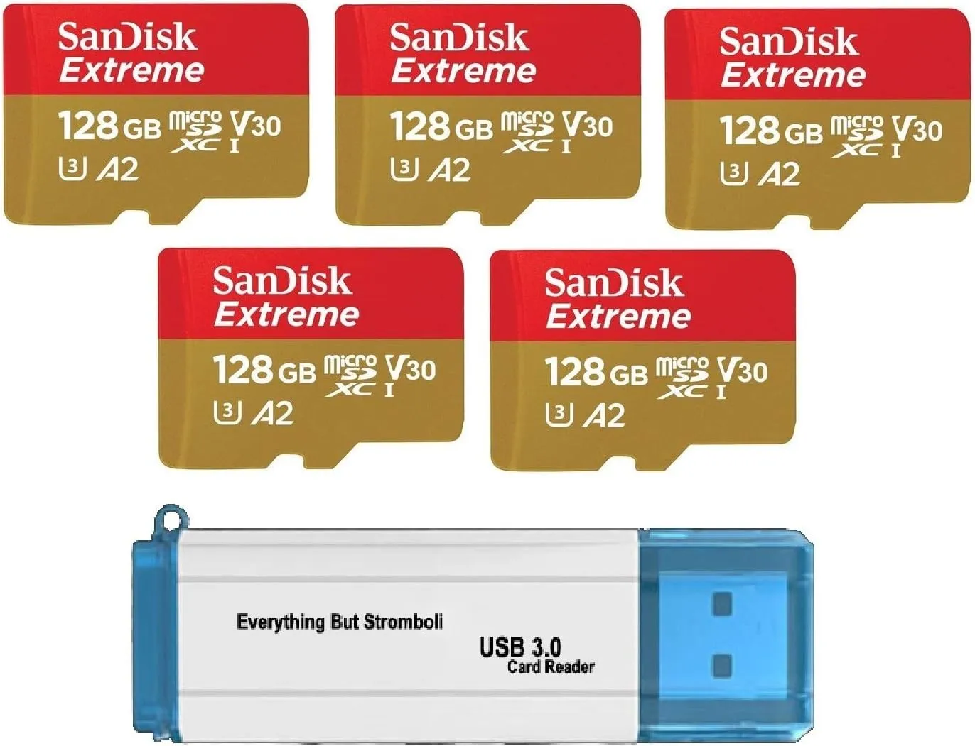 SanDisk 128GB Micro SDXC Extreme Memory Card (Five Pack) Works with GoPro Hero 7 Black, Silver, Hero7 White UHS-1 U3 A2 Bundle with (1) Everything But Stromboli 3.0 TF/SD Card Reader