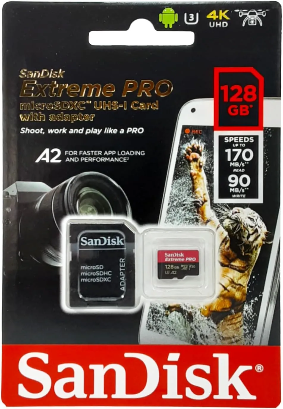 SanDisk Extreme Pro SDXC UHS-I U3 A2 V30 128GB   Adapter, SDSQXCY-128G-GN6MA