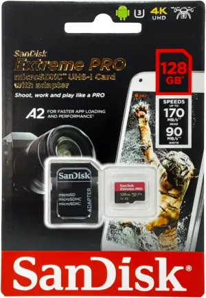 SanDisk Extreme Pro SDXC UHS-I U3 A2 V30 128GB   Adapter, SDSQXCY-128G-GN6MA