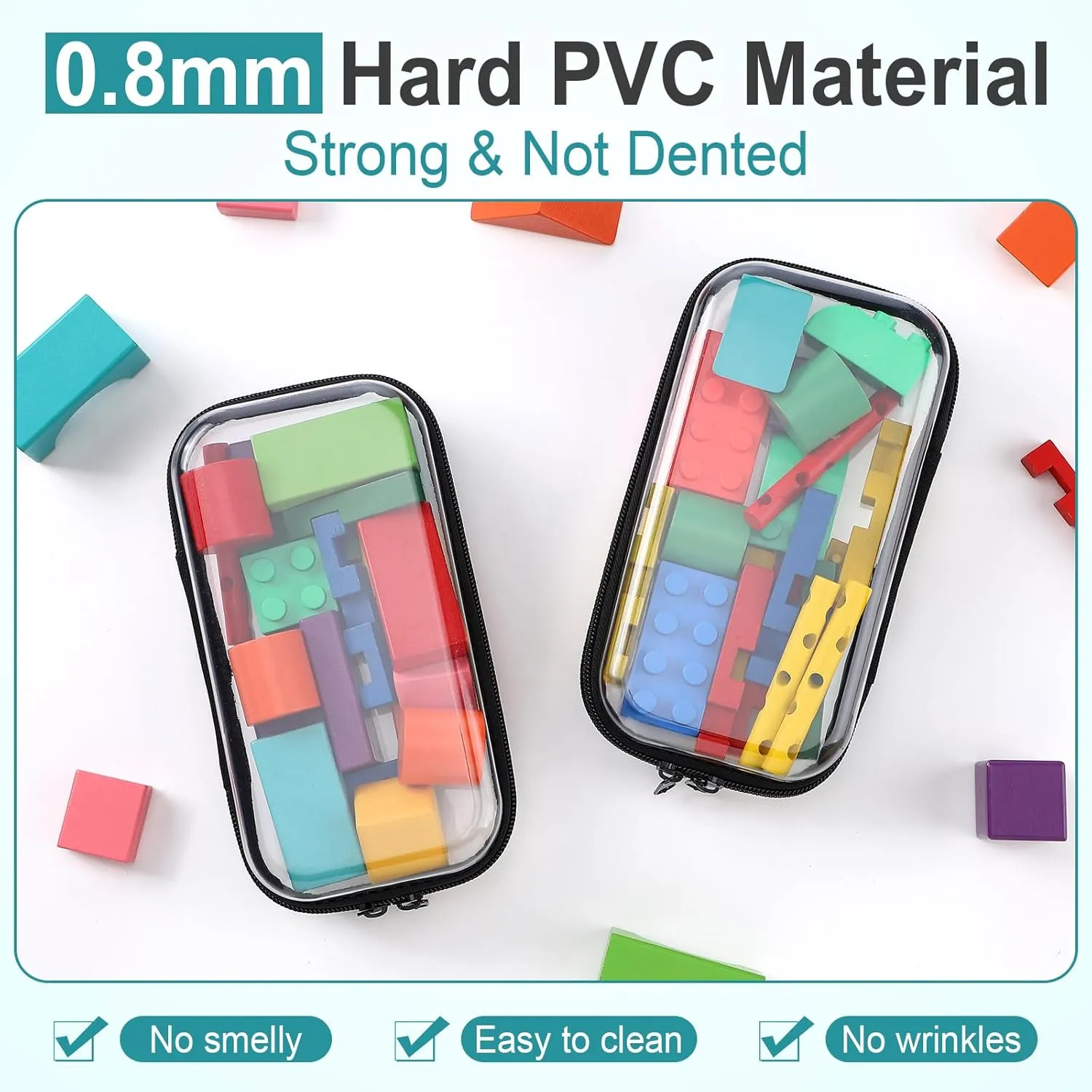 Sanwuta 6 Pcs Clear Hard Zipper Case Hard Plastic Zipper Pouches Makeup Bag Transparent Cases for Snacks Plastic Storage Organizer Portable Box for Travel(Black,7.48 x 3.94 x 2 Inch)