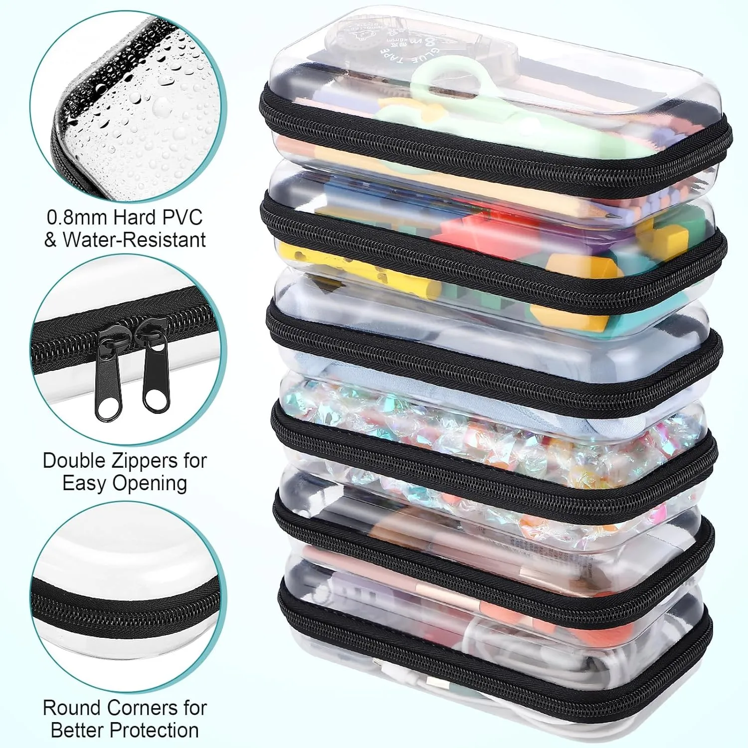 Sanwuta 6 Pcs Clear Hard Zipper Case Hard Plastic Zipper Pouches Makeup Bag Transparent Cases for Snacks Plastic Storage Organizer Portable Box for Travel(Black,7.48 x 3.94 x 2 Inch)
