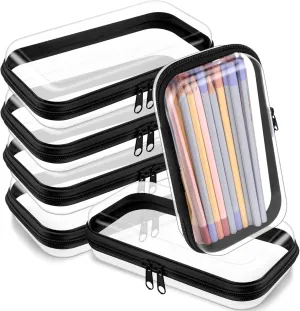 Sanwuta 6 Pcs Clear Hard Zipper Case Hard Plastic Zipper Pouches Makeup Bag Transparent Cases for Snacks Plastic Storage Organizer Portable Box for Travel(Black,7.48 x 3.94 x 2 Inch)