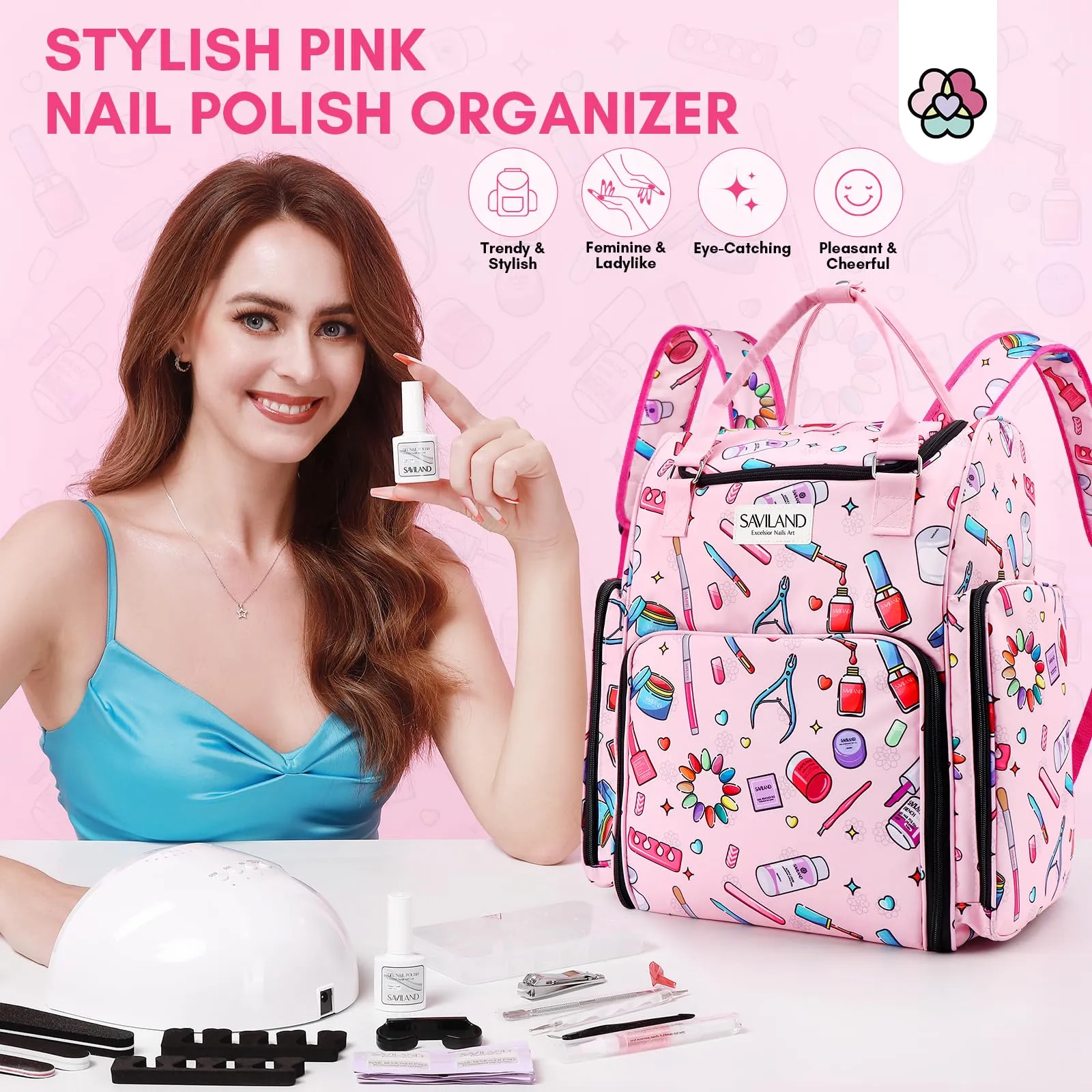 SAVILAND Polish Organizer Bag: 33L Large Organizers and Storage Holds 80 Bottles (15ml/0.5 fl.oz) & Lamp, Portable Carrying Case Supply Storage for Nail Tech