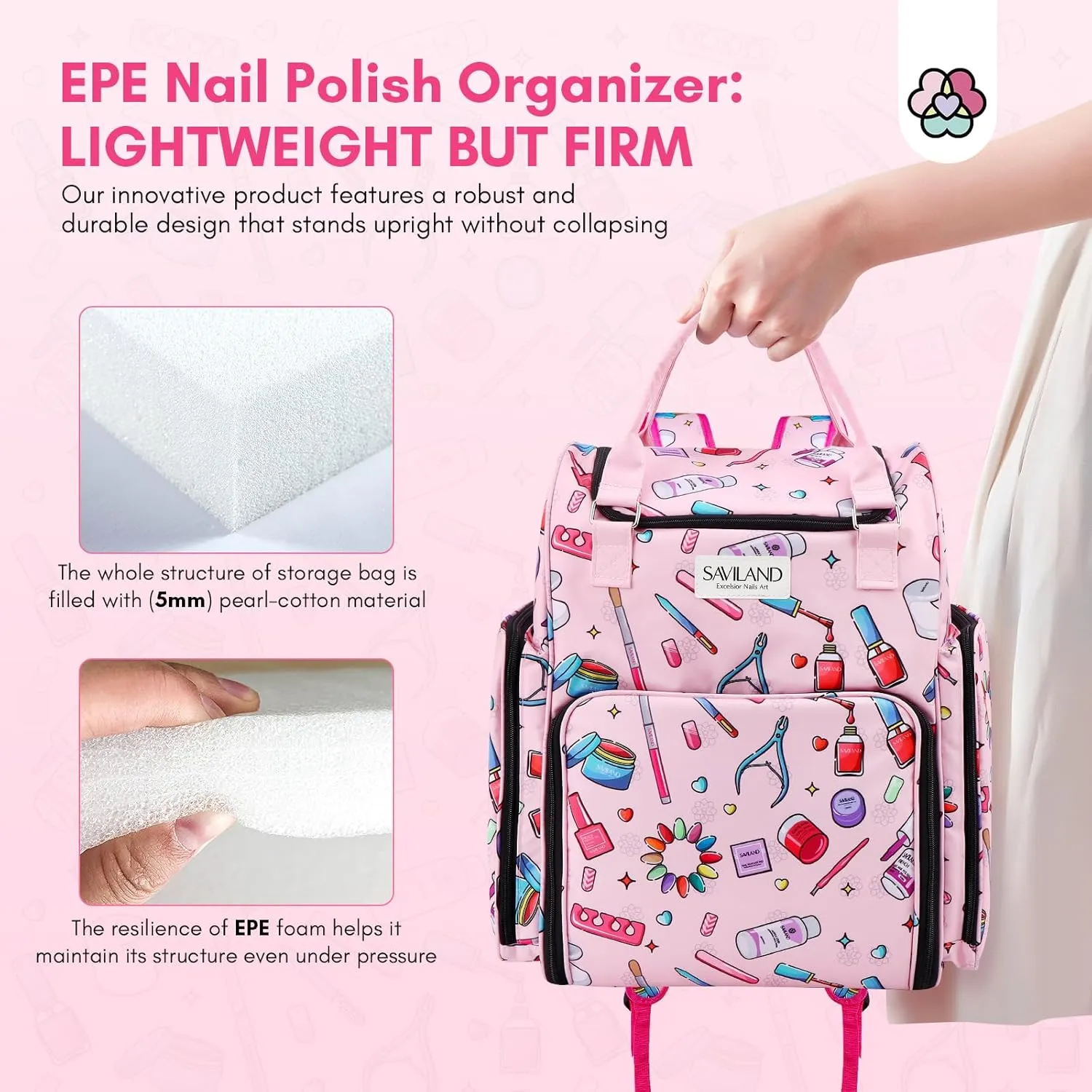 SAVILAND Polish Organizer Bag: 33L Large Organizers and Storage Holds 80 Bottles (15ml/0.5 fl.oz) & Lamp, Portable Carrying Case Supply Storage for Nail Tech