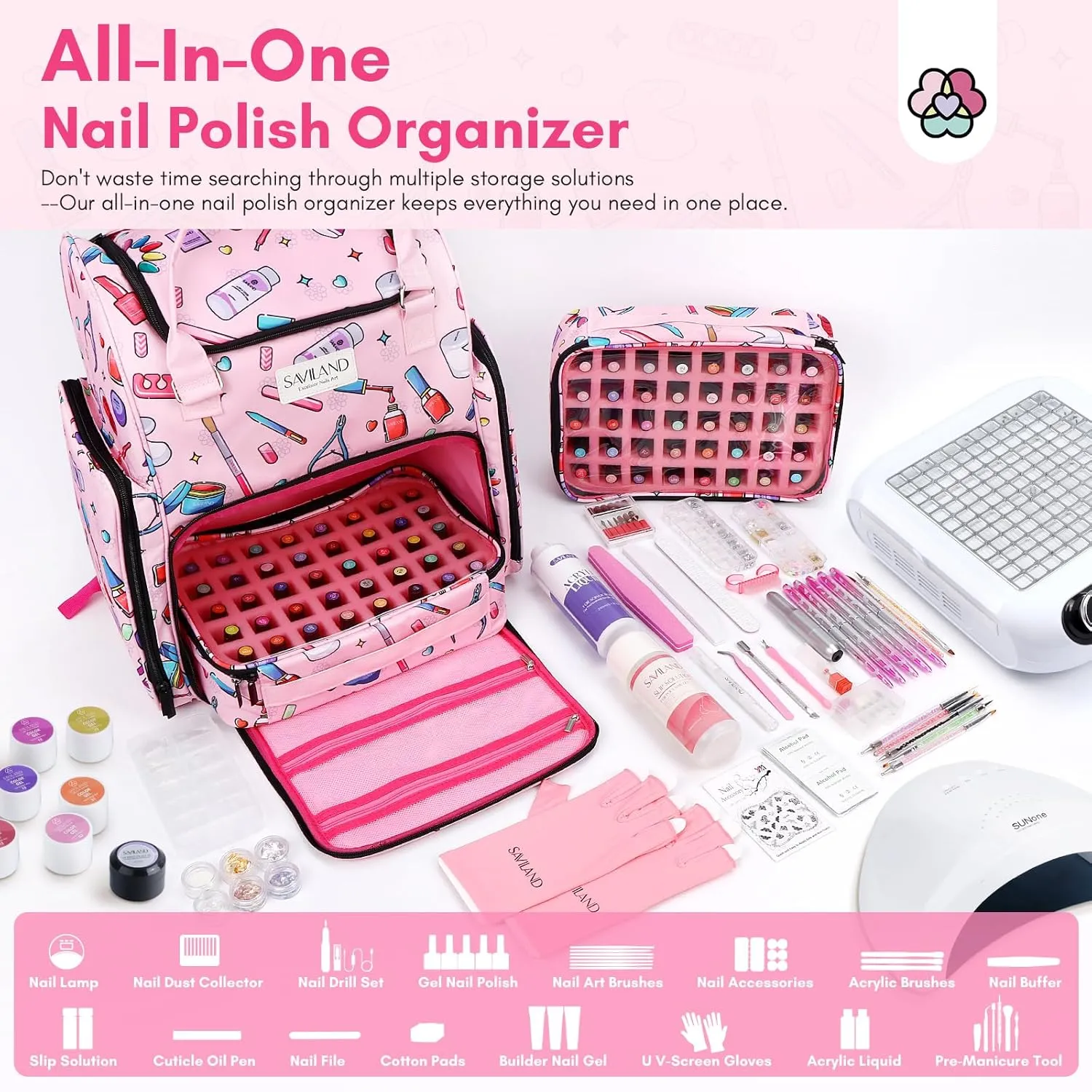 SAVILAND Polish Organizer Bag: 33L Large Organizers and Storage Holds 80 Bottles (15ml/0.5 fl.oz) & Lamp, Portable Carrying Case Supply Storage for Nail Tech