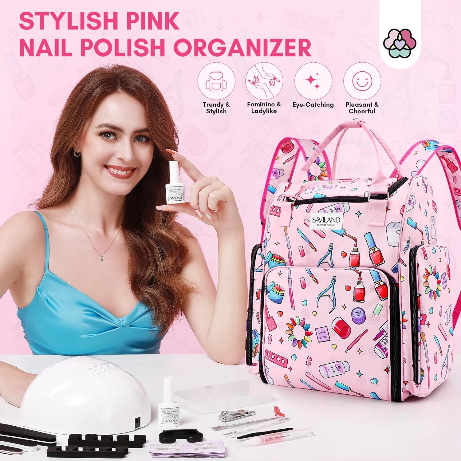 SAVILAND Polish Organizer Bag: 33L Large Organizers and Storage Holds 80 Bottles (15ml/0.5 fl.oz) & Lamp, Portable Carrying Case Supply Storage for Nail Tech