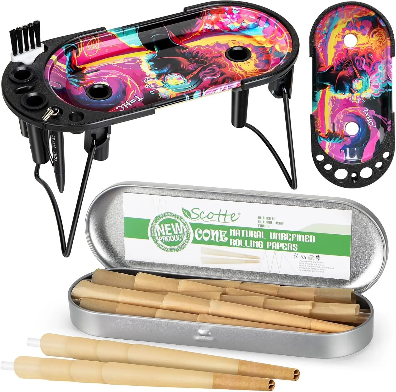 Scotte 40 pack 1 1/4 Pre-Rolled Cones, Metal Rolling Tray with Cone Loader/Foldable Support Frame Include Cone Funnel,Cone Maker and Cleaning Brush), for King Size &1 1/4 Size Cones