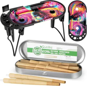 Scotte 40 pack 1 1/4 Pre-Rolled Cones, Metal Rolling Tray with Cone Loader/Foldable Support Frame Include Cone Funnel,Cone Maker and Cleaning Brush), for King Size &1 1/4 Size Cones