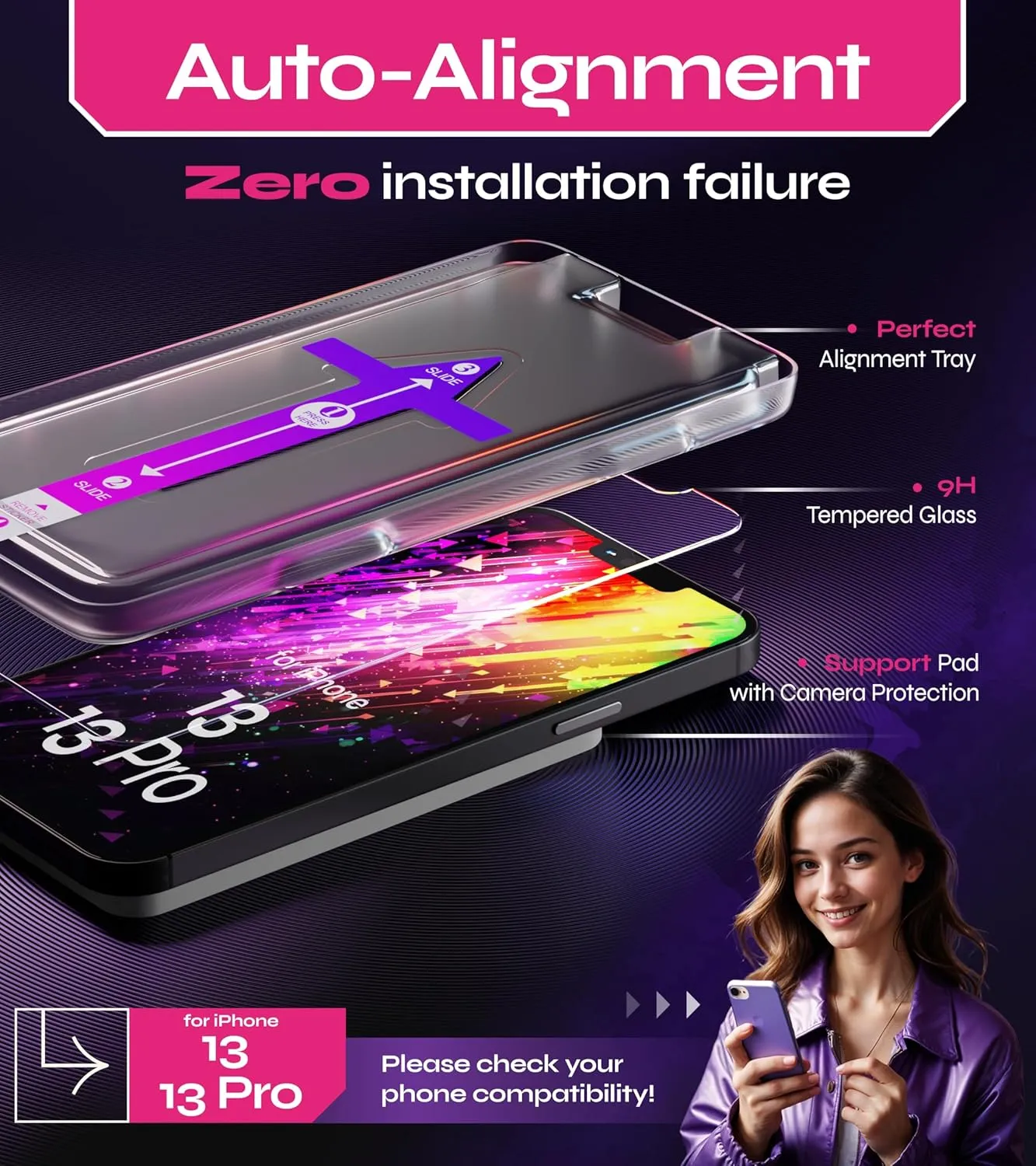 Screen Protector compatible with iPhone 13/13 Pro (2Pack), Easy Auto-Align Install Kit, 6.1" Tempered Glass, 9H Hardness, Ultra HD Clear, Case Friendly, EasyShield