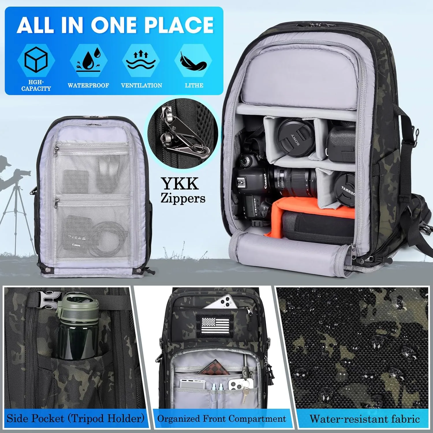 SDYSM Camera Backpack Bag Professional for DSLR/SLR Mirrorless Camera Waterproof 15.6 inch Tactical Camera Bags for Photographers with Rain Cover, Tripod Holder, Small Bag Photography Backpack Case