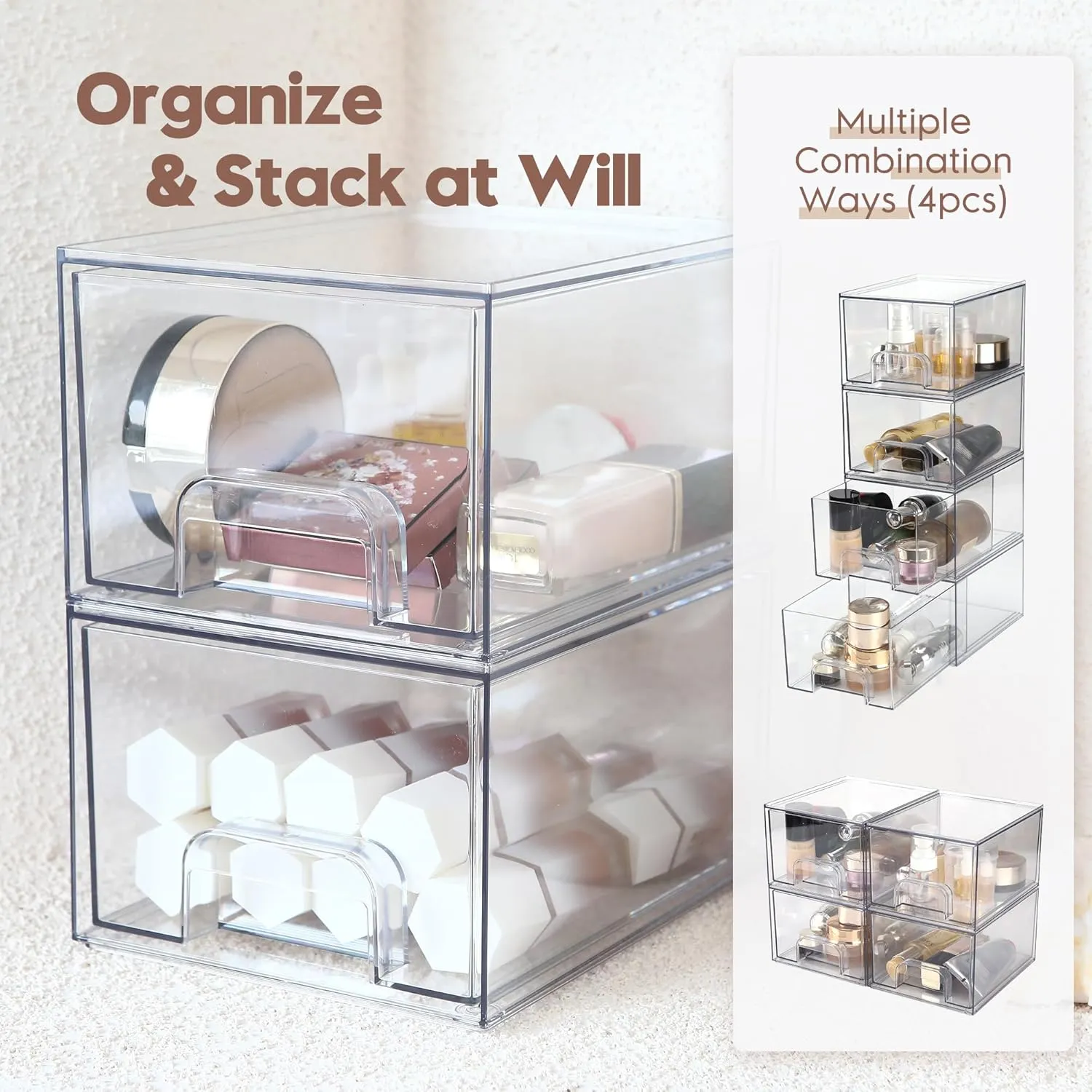 Sea Team 4-Pack Clear Makeup Organizer with Drawers, Acrylic Plastic Cosmetic Display Case, Jewelry Storage Box, Holder for Dresser, Bathroom, Vanity, Kitchen Cabinets, Pantry, Countertop
