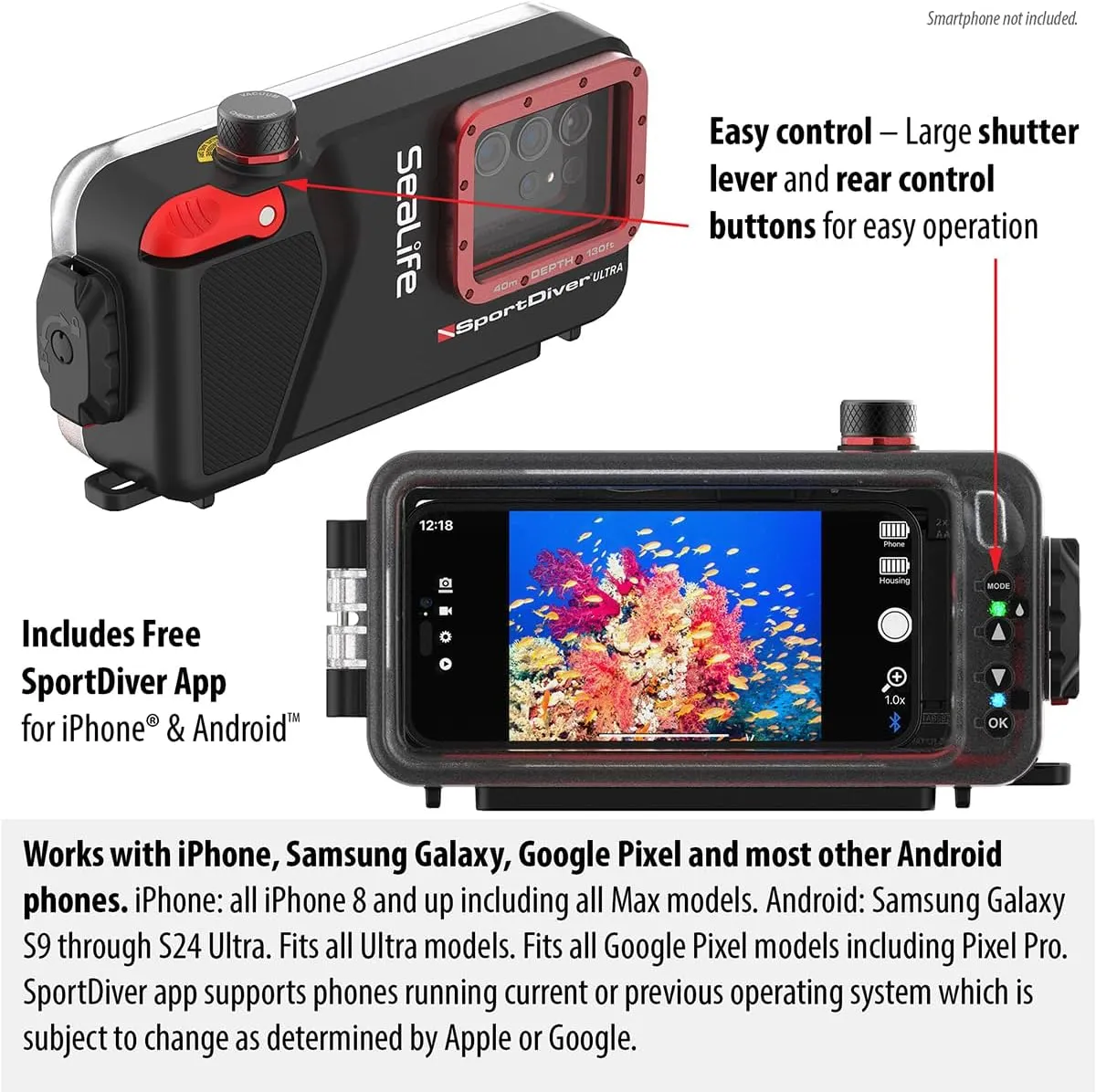 SeaLife SportDiver Ultra Underwater Smartphone Scuba Housing & Sea Dragon 2500 Lumen Light, Waterproof Photography, Easy Camera Controls, Fits Most Phones