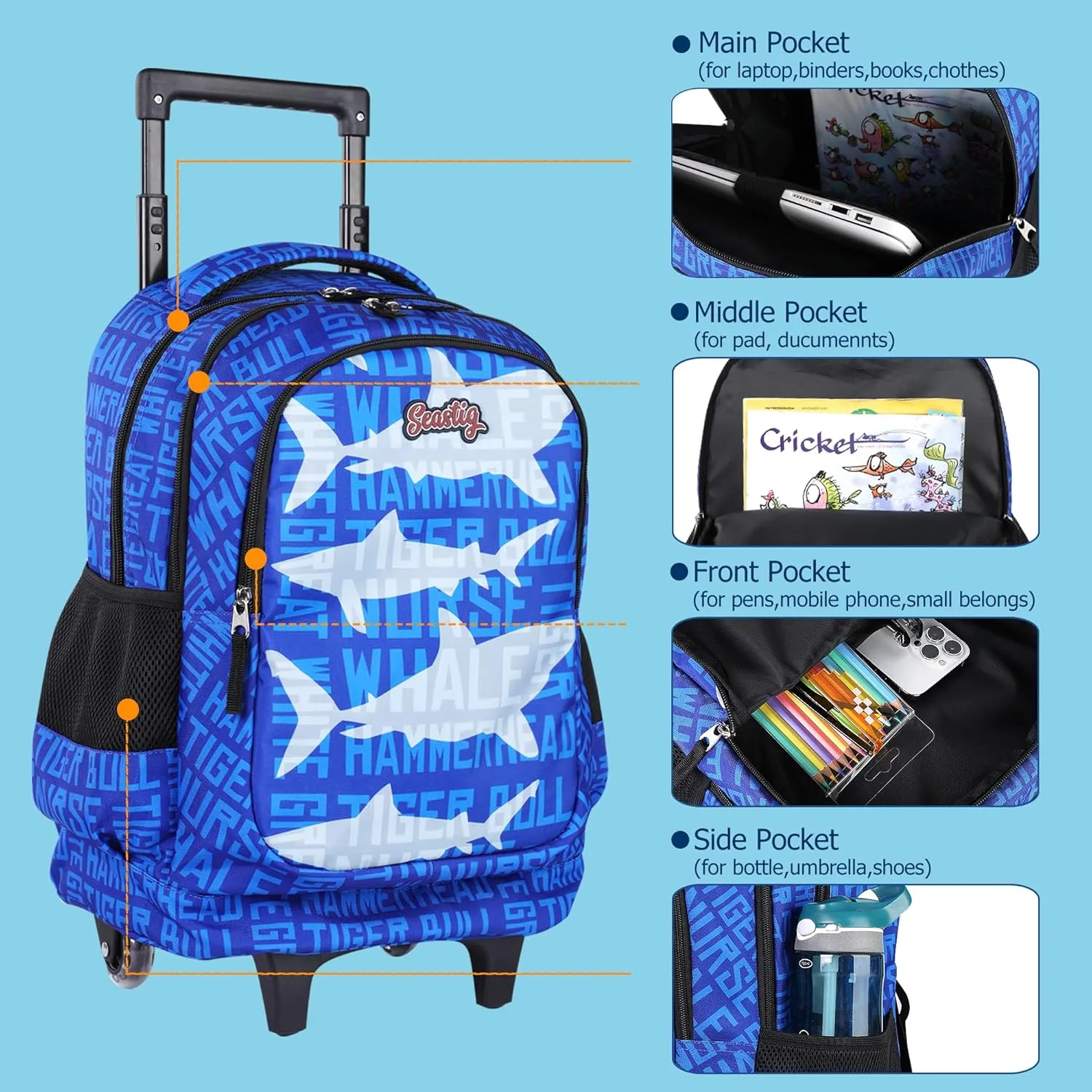 seastig Foldable Rolling Backpack 18 inch Double Handle Wheeled Backpack for Boys Girls Children Luggage Bag for Travel School Trip