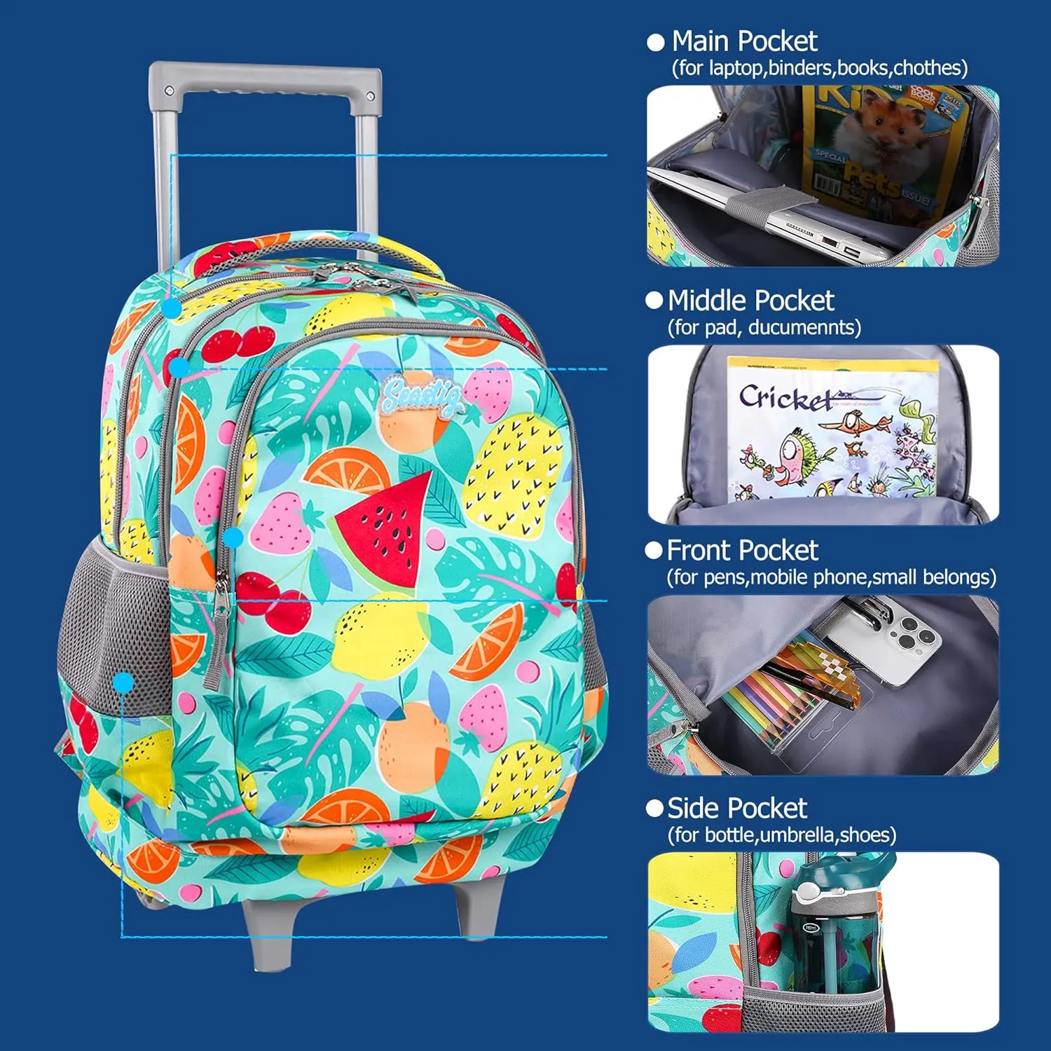 seastig Rolling Backpack for Kids Wheeled Backpack 18in Double Handle Backpack with Wheels
